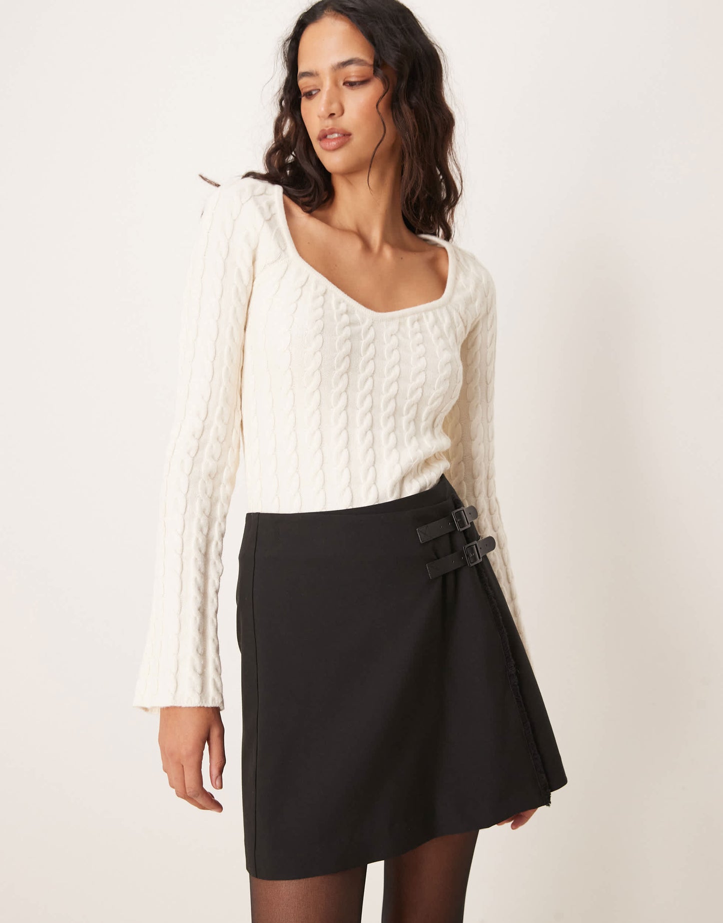 ASOS DESIGN double belt wrap raw edge tailored skirt in black
