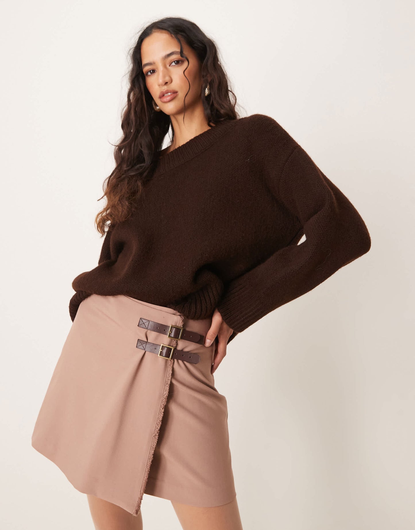 ASOS DESIGN tailored double belt wrap raw edge skirt in mocha