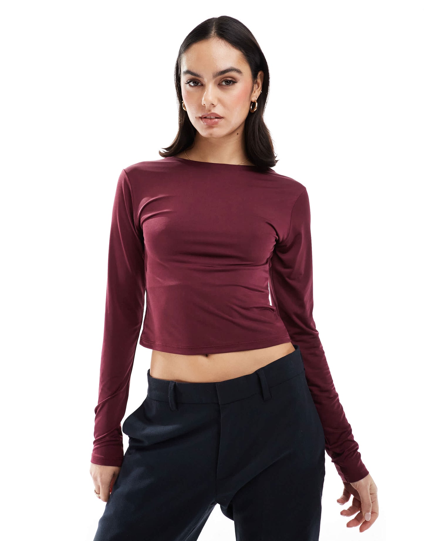 Stradivarius slash neck open back long sleeve top in burgundy