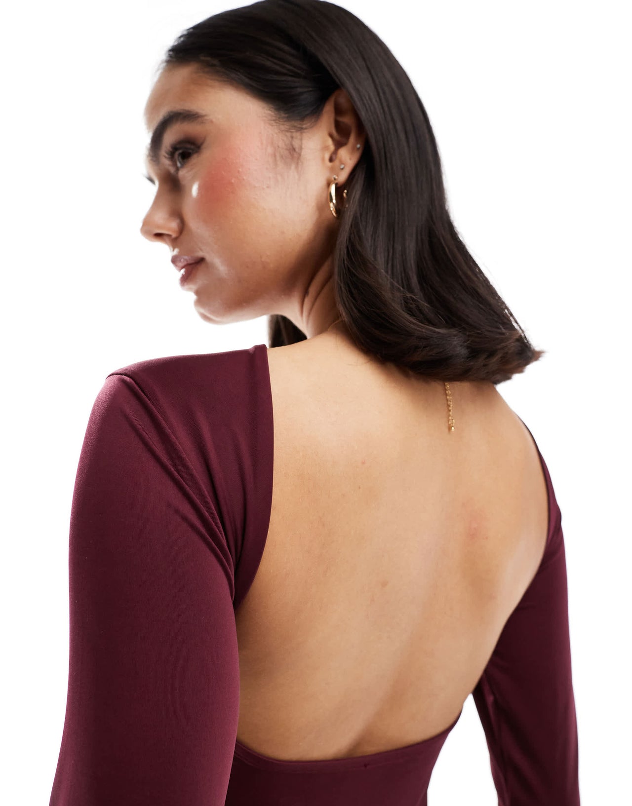 Stradivarius slash neck open back long sleeve top in burgundy
