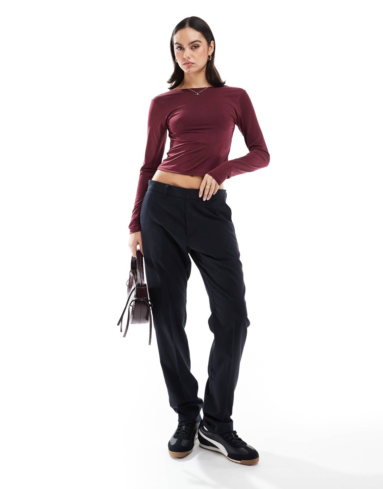 Stradivarius slash neck open back long sleeve top in burgundy
