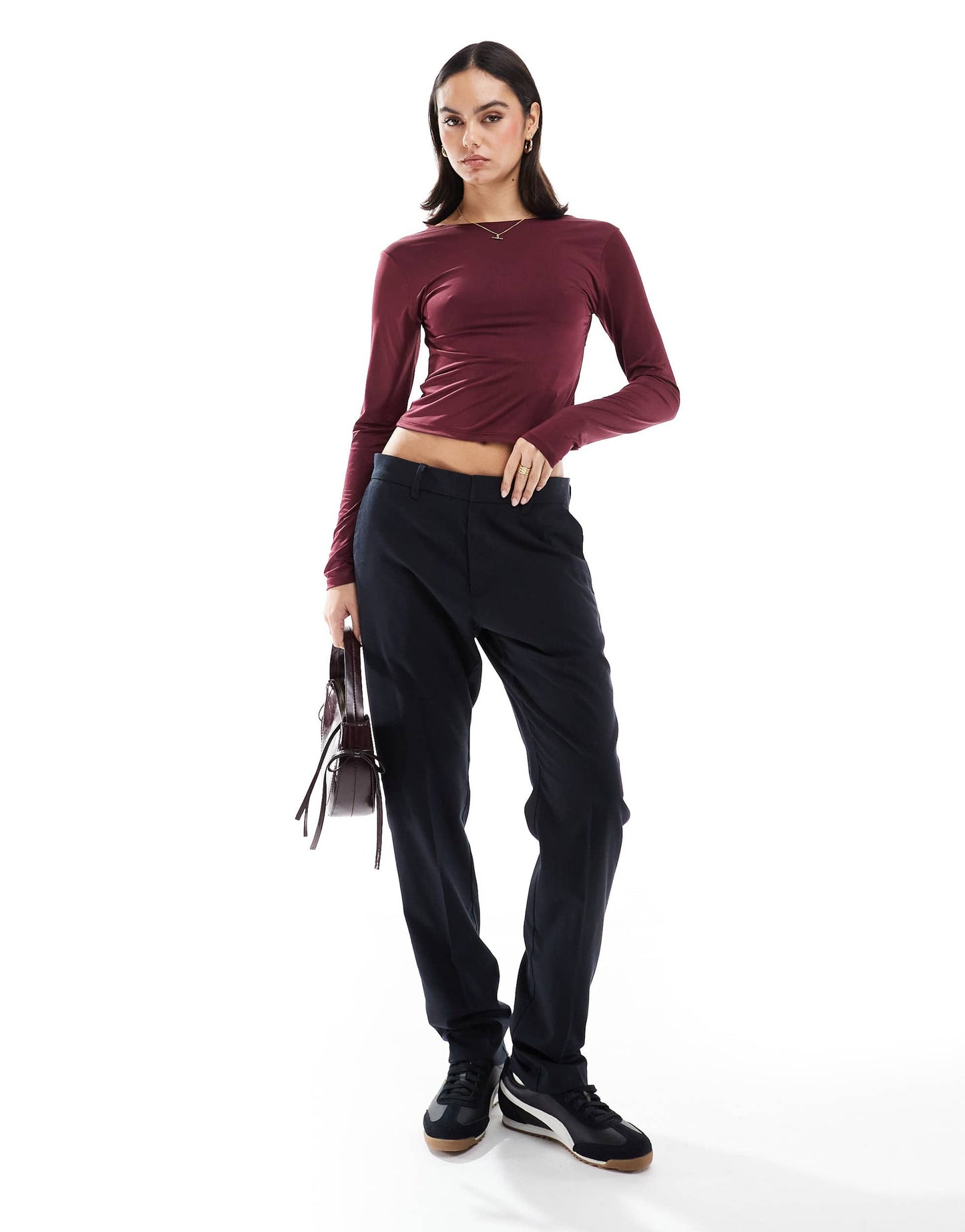 Stradivarius slash neck open back long sleeve top in burgundy