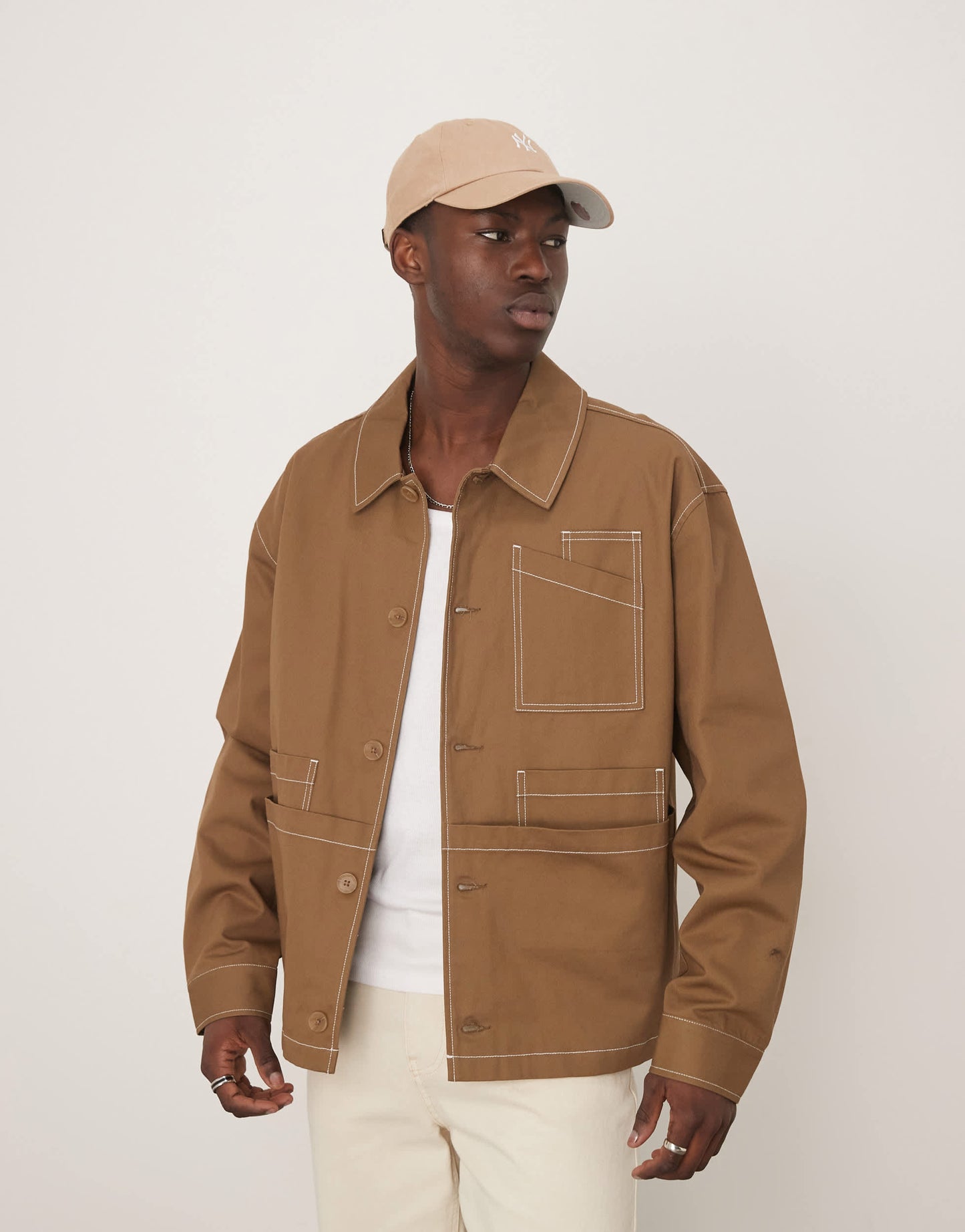 ASOS DESIGN boxy oversized worker jacket with contrast stitch in tan