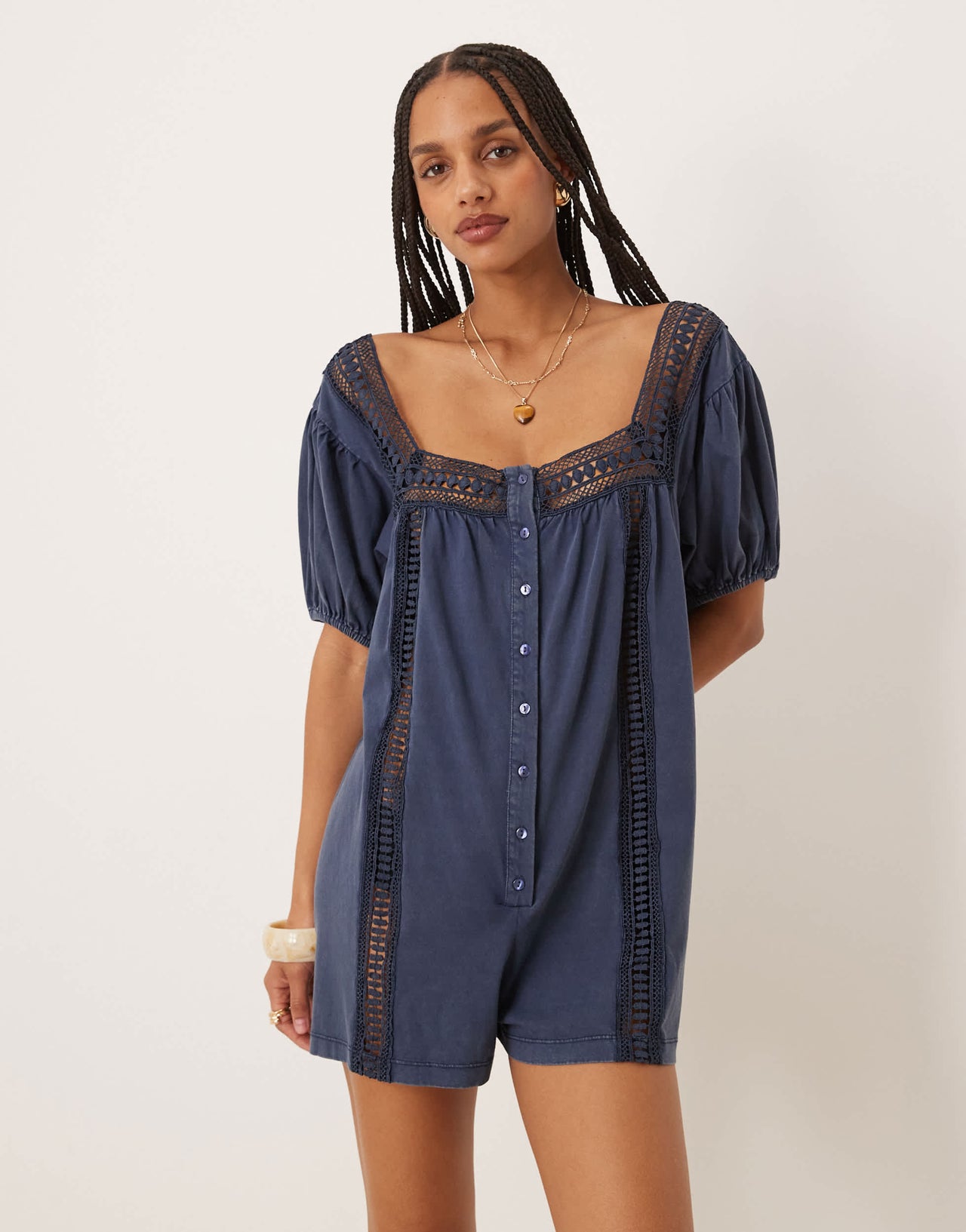 ASOS DESIGN broderie square neck button down puff sleeve playsuit in washed denim blue
