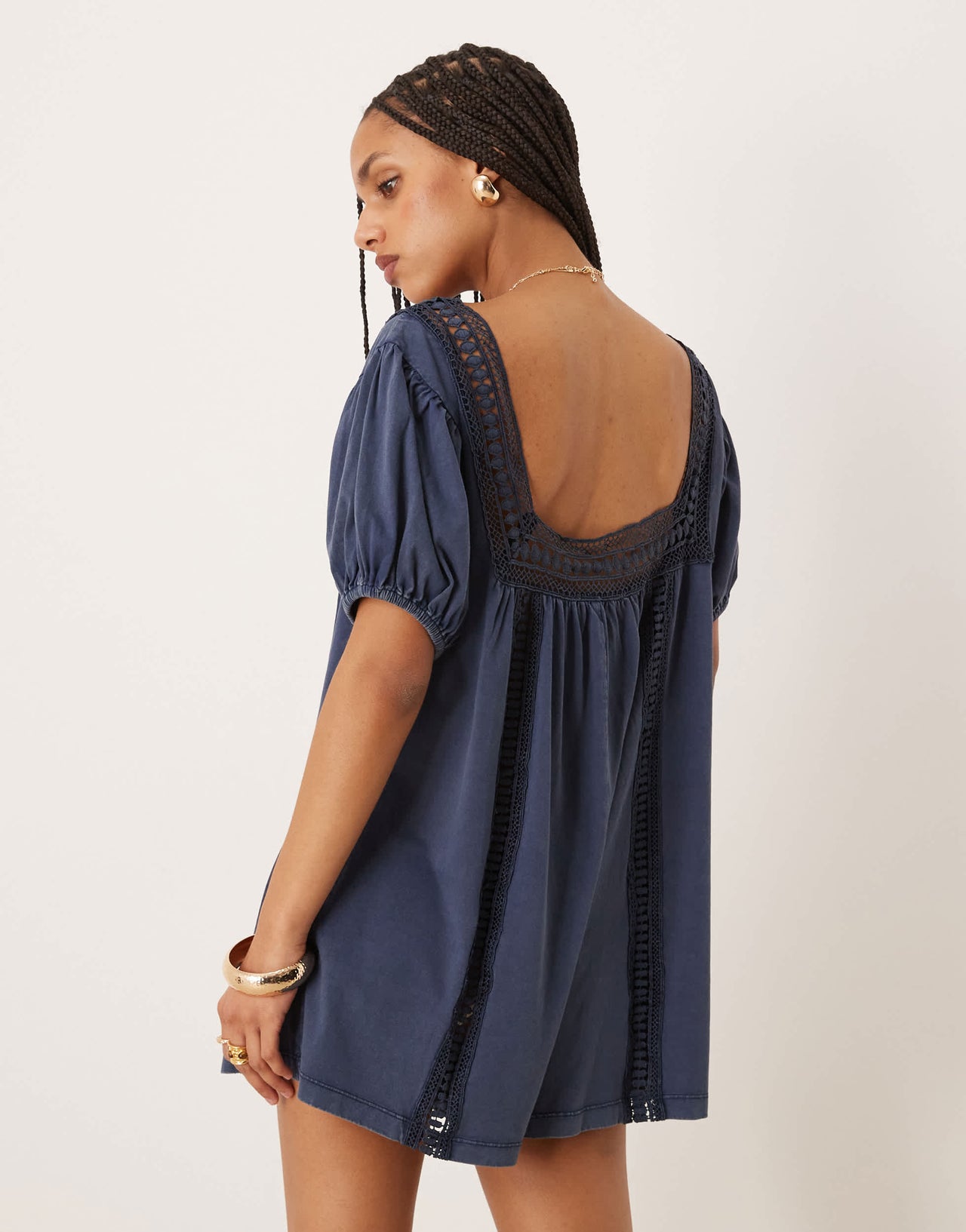 ASOS DESIGN broderie square neck button down puff sleeve playsuit in washed denim blue