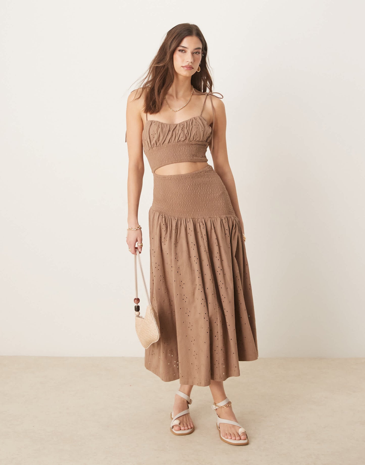 ASOS DESIGN broderie cami cut out ruched waist midi dress in chocolate