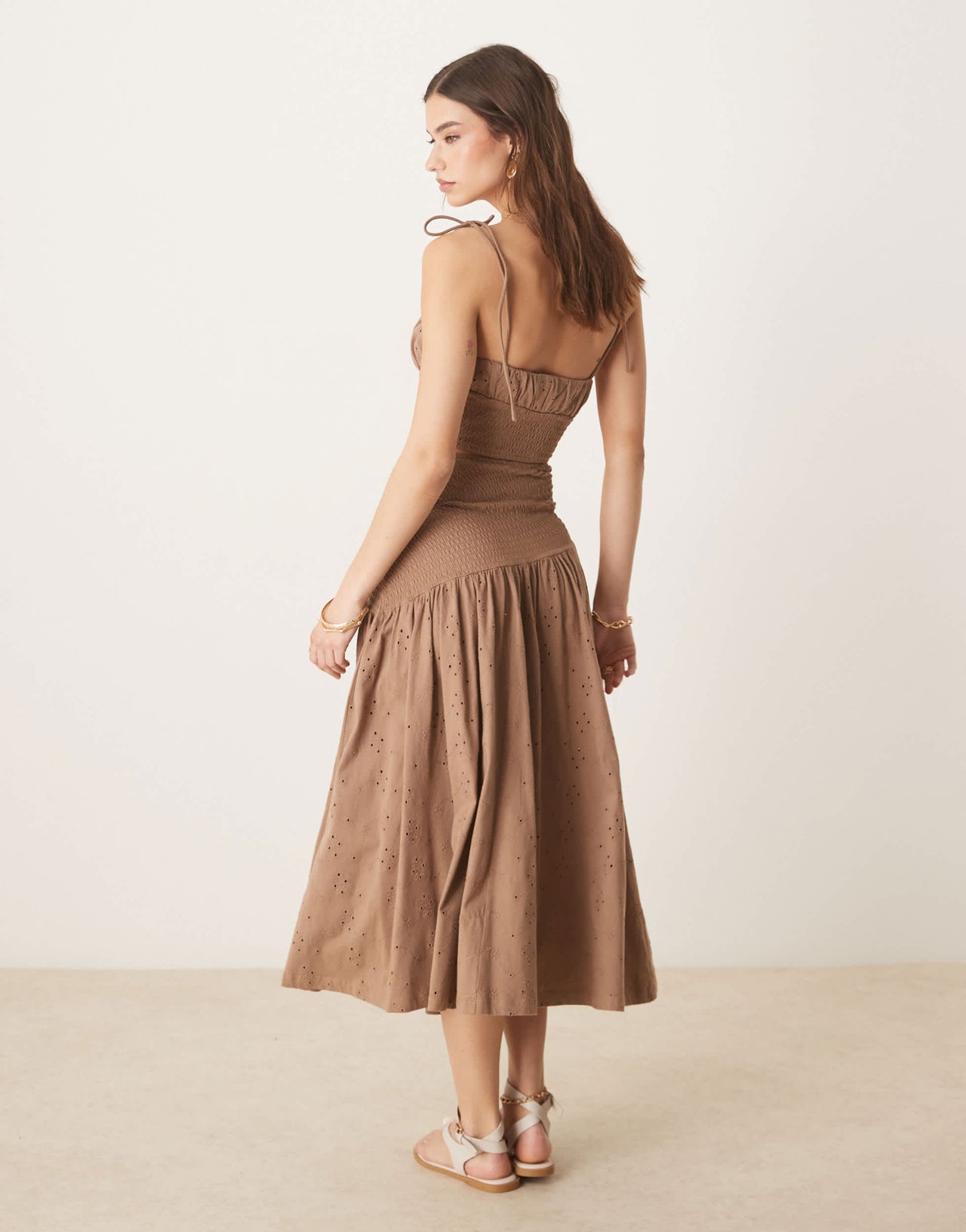 ASOS DESIGN broderie cami cut out ruched waist midi dress in chocolate