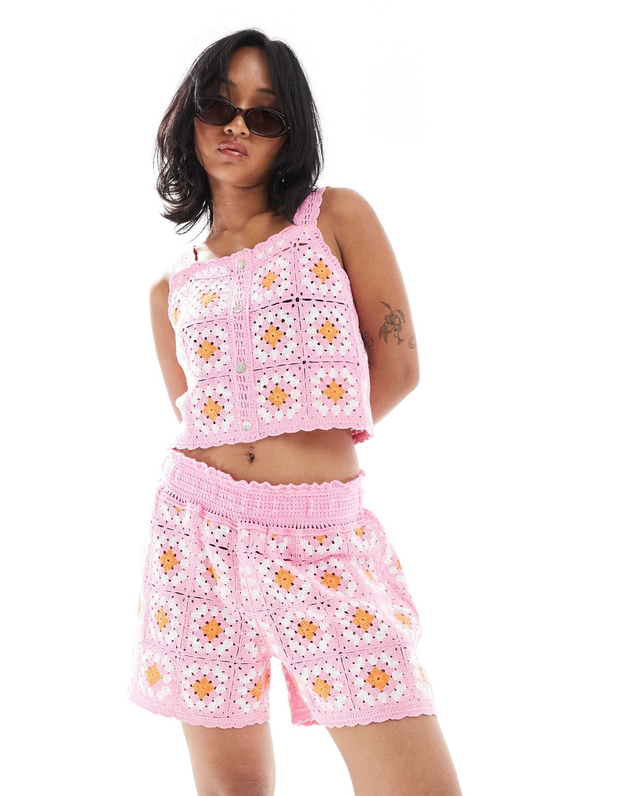 ONLY Petite crochet pull on shorts co-ord in pink floral