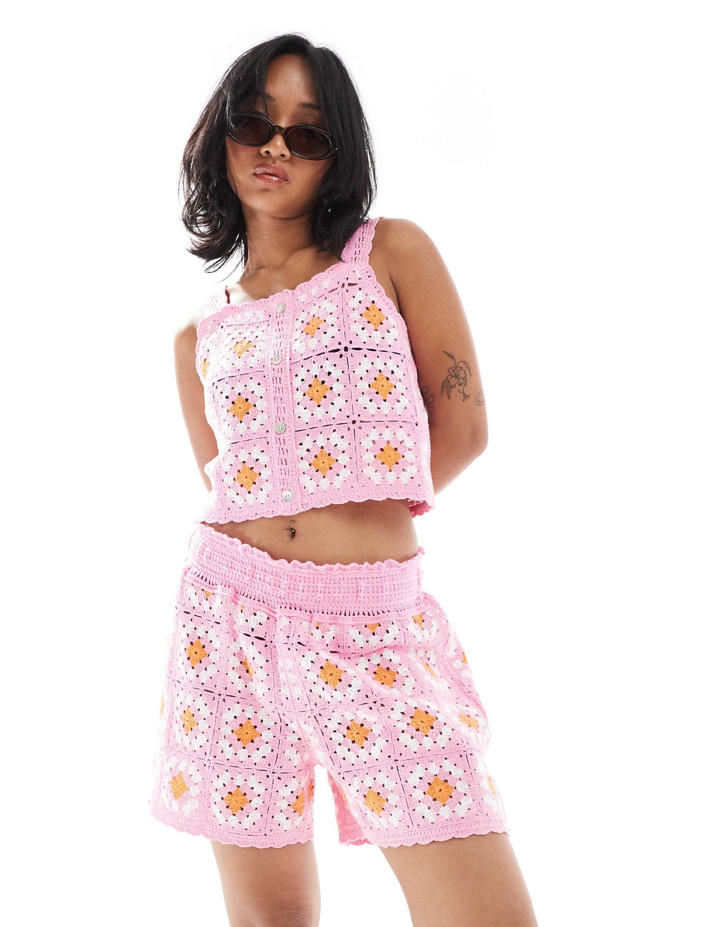 ONLY Petite crochet pull on shorts co-ord in pink floral