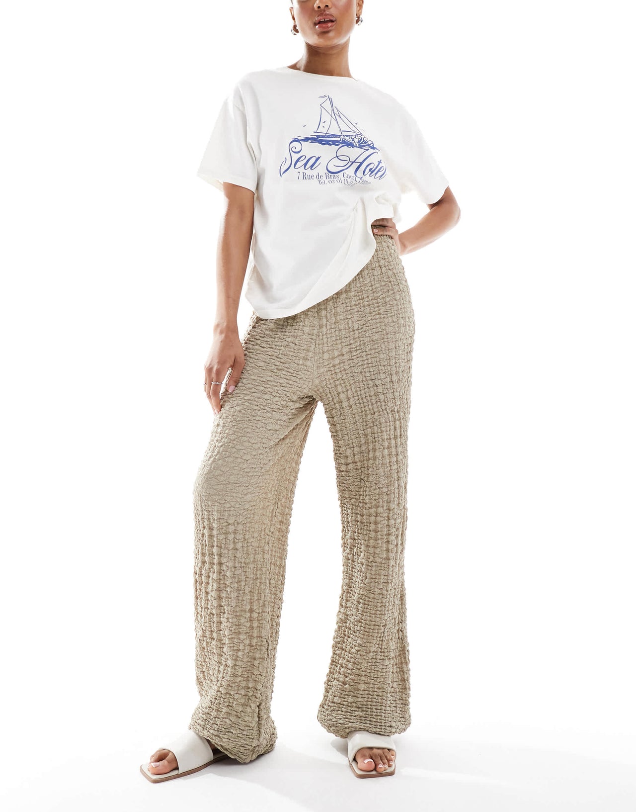 ONLY Tall textured wide leg trousers in beige