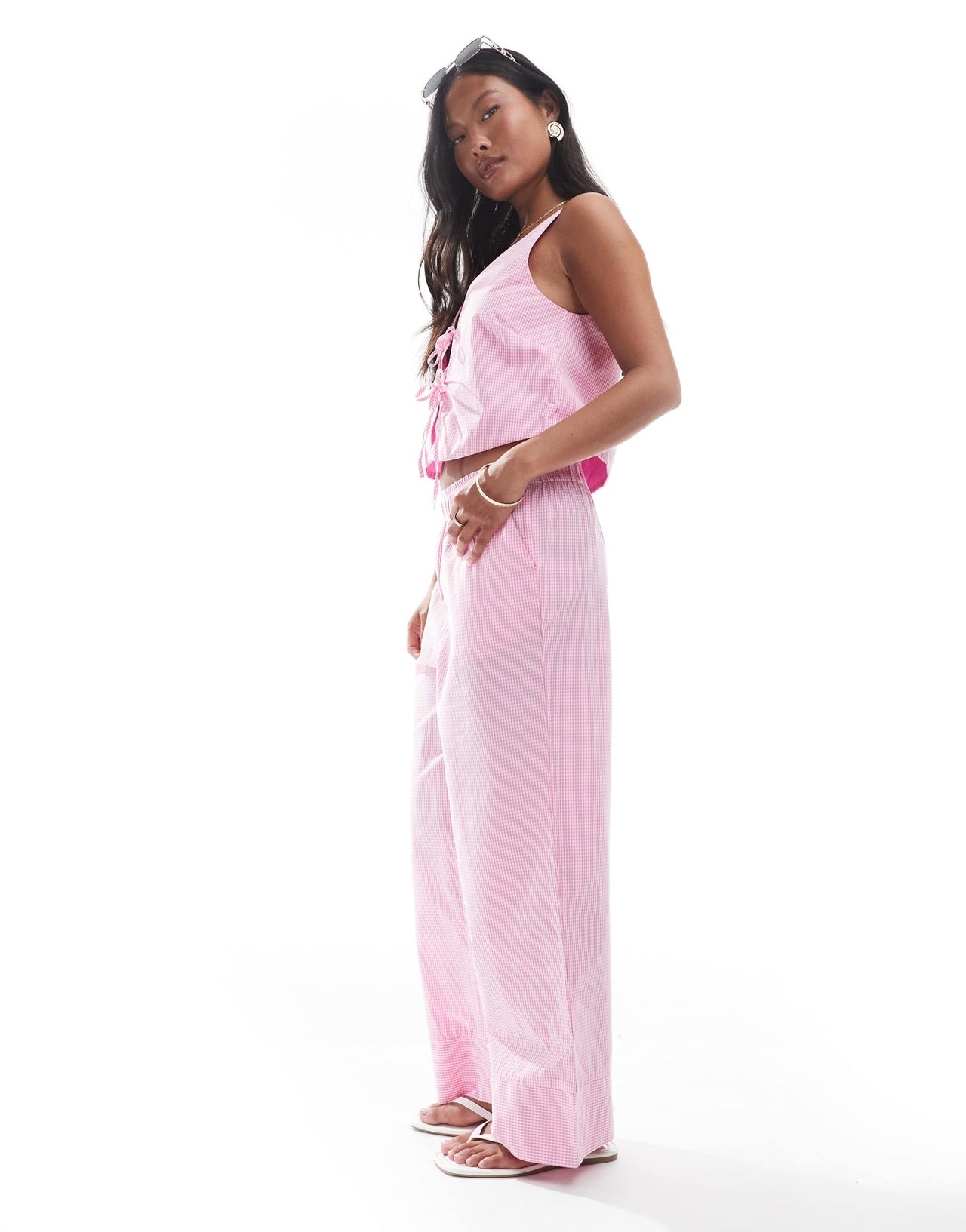 ONLY Petite wide leg boxer detail trousers co-ord in pink gingham