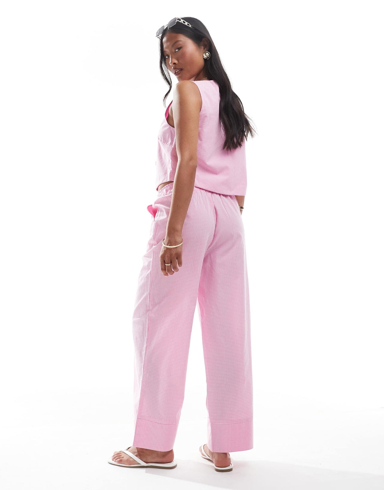 ONLY Petite wide leg boxer detail trousers co-ord in pink gingham