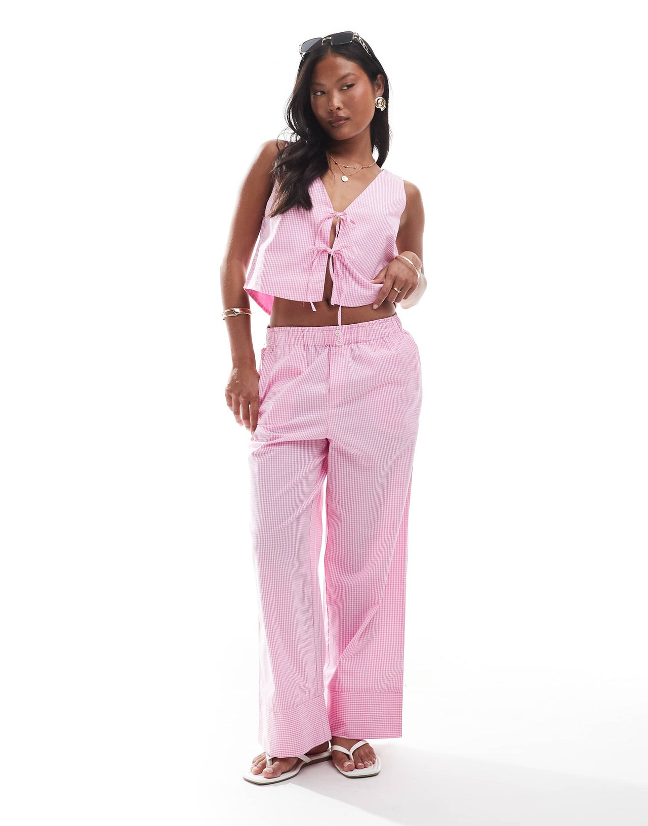 ONLY Petite tie front top co-ord in pink gingham