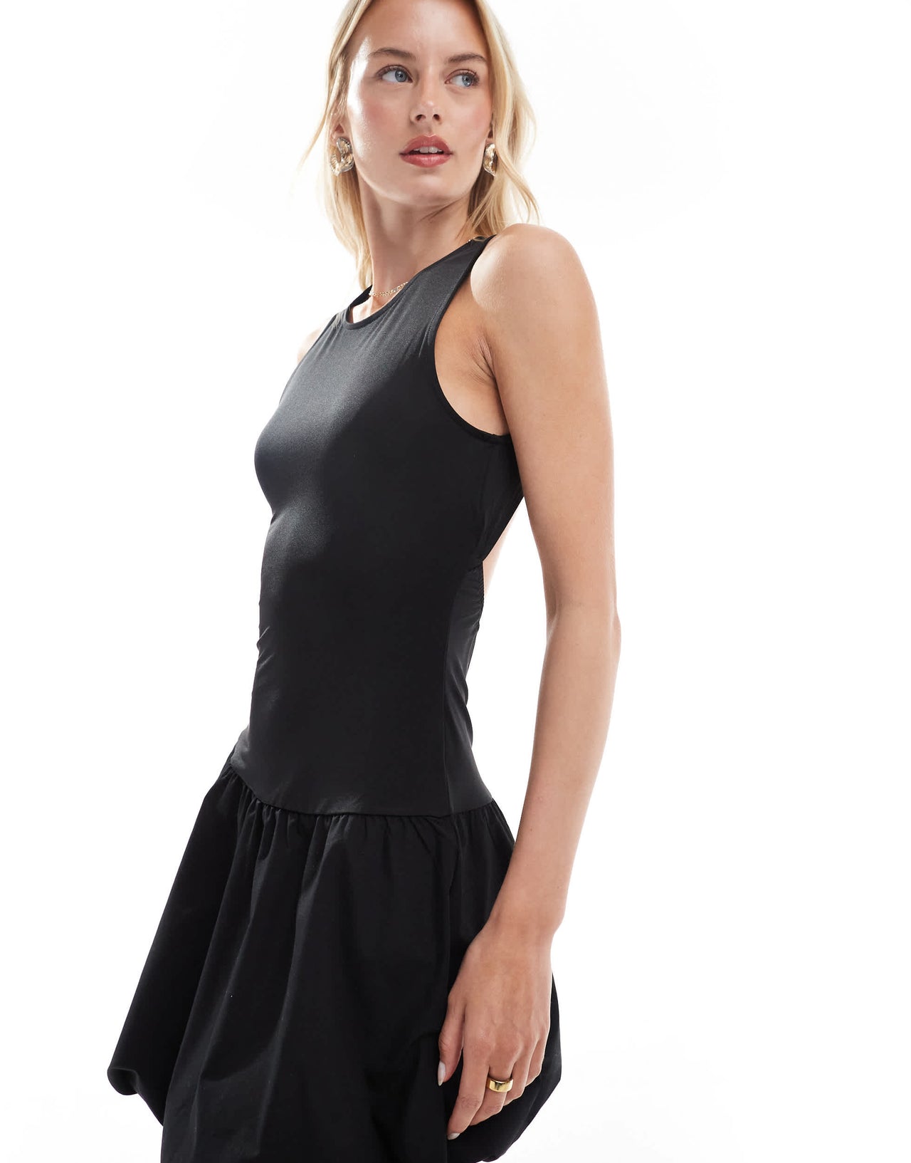 ONLY Tall open back bubble hem mini dress in black