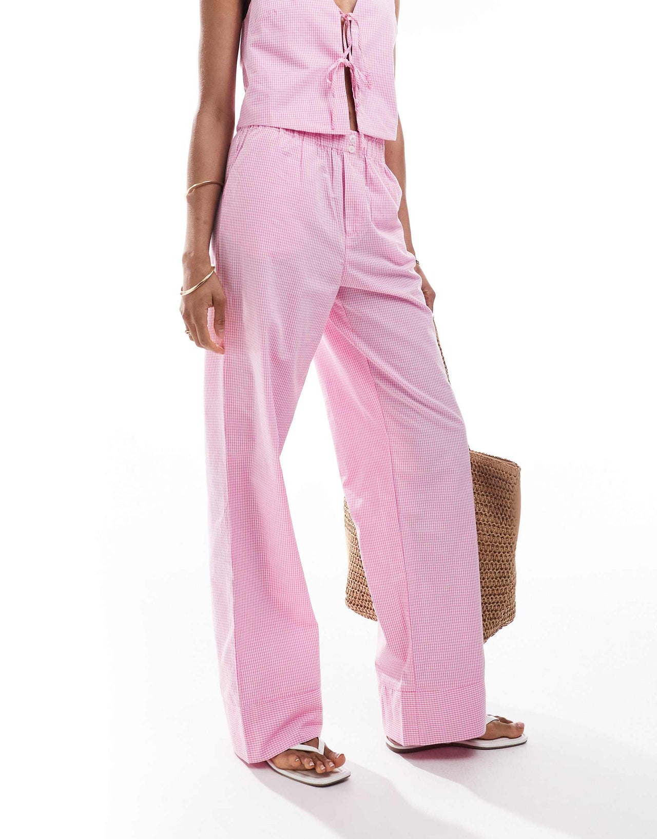 ONLY Tall wide leg boxer detail trousers co-ord in pink gingham