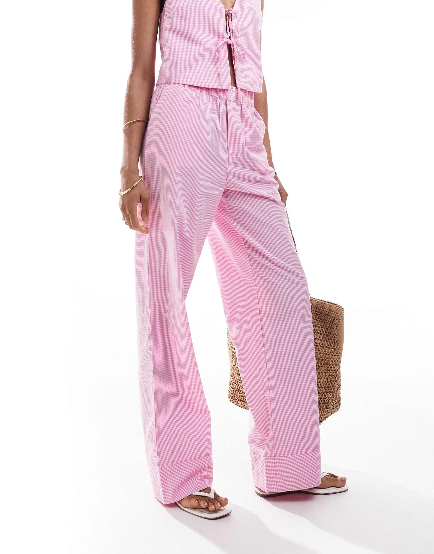 ONLY Tall wide leg boxer detail trousers co-ord in pink gingham