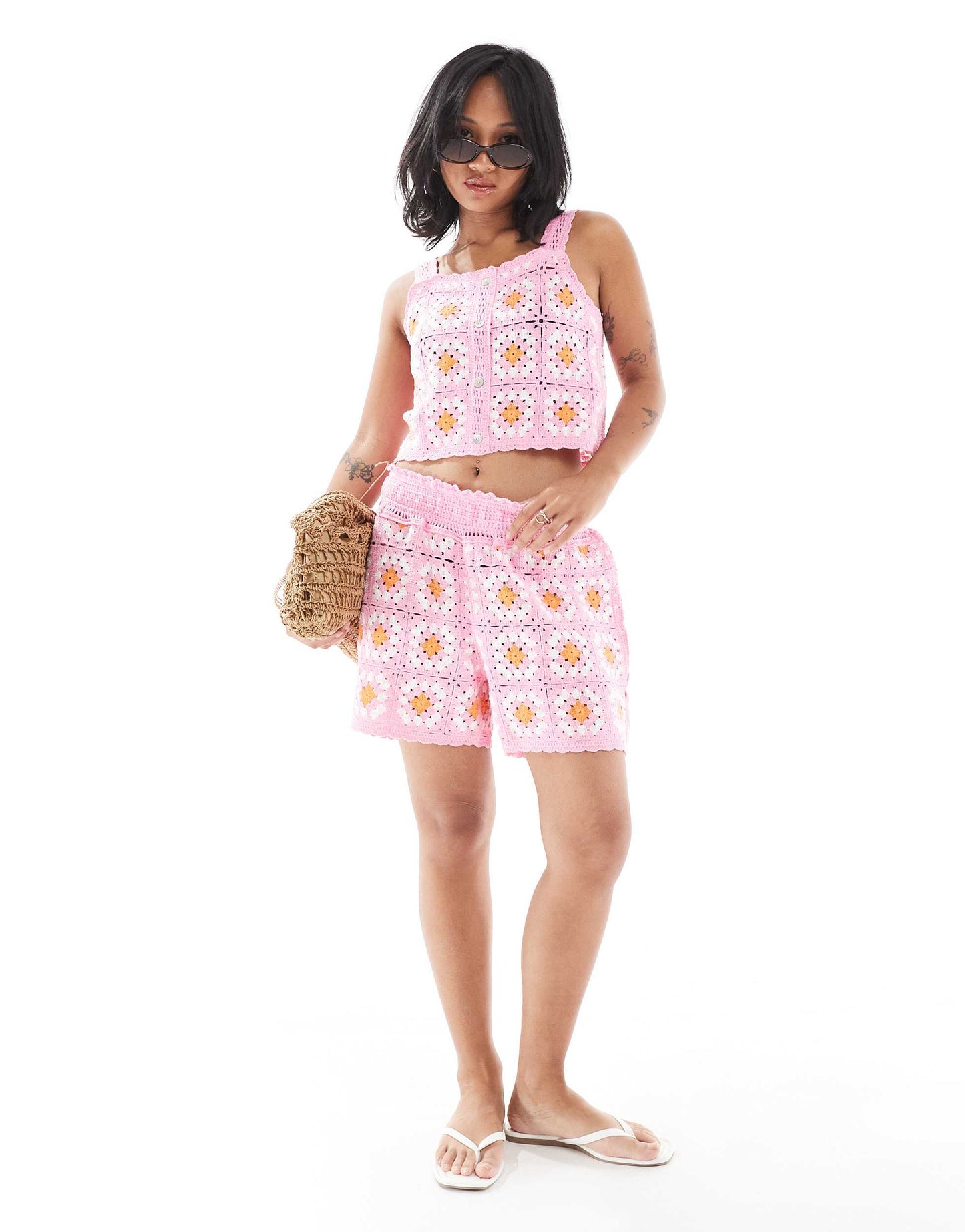 ONLY Petite crochet cropped top co-ord in pink floral
