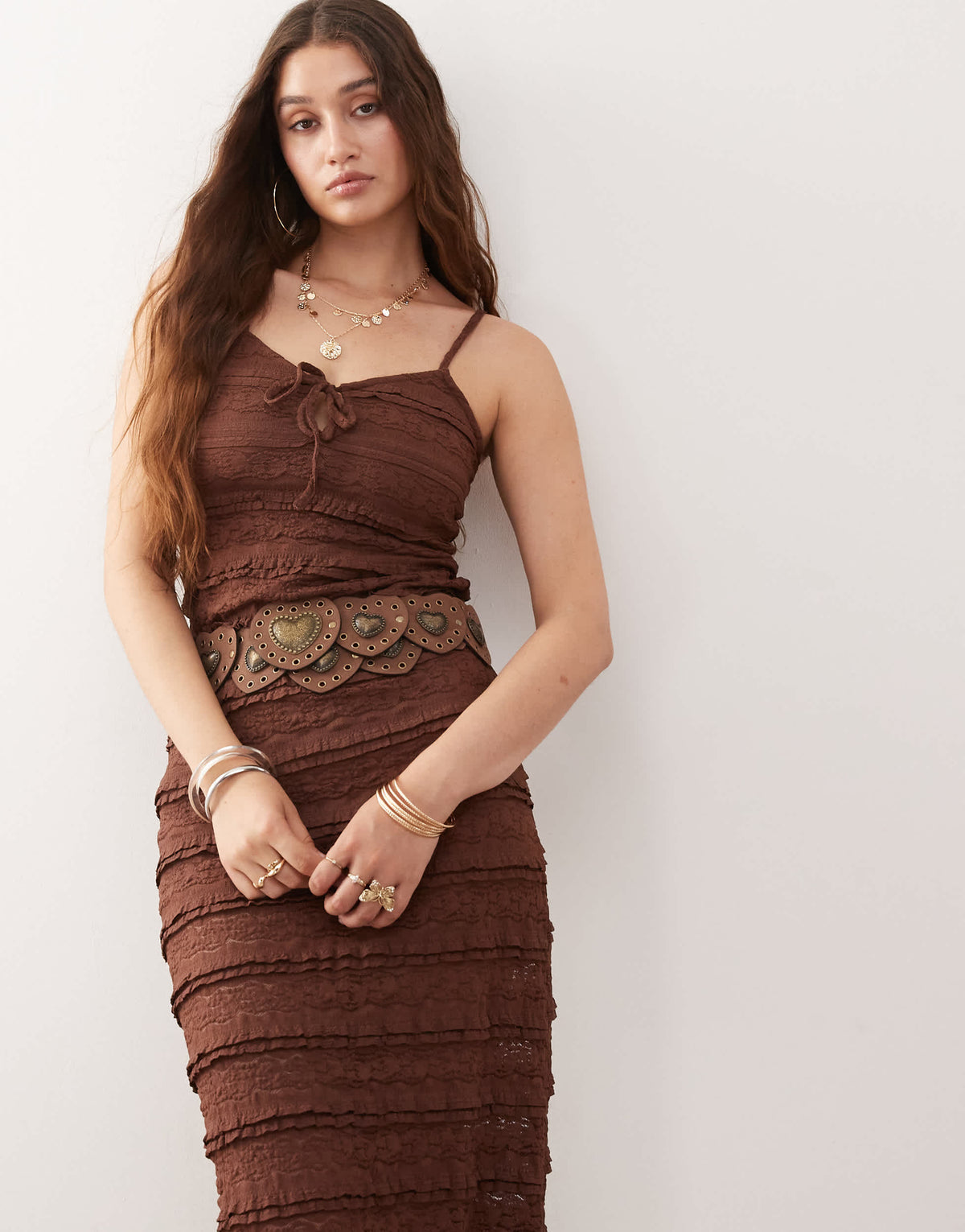 Miss Selfridge lace and ruffle detail midi dress in chocolate