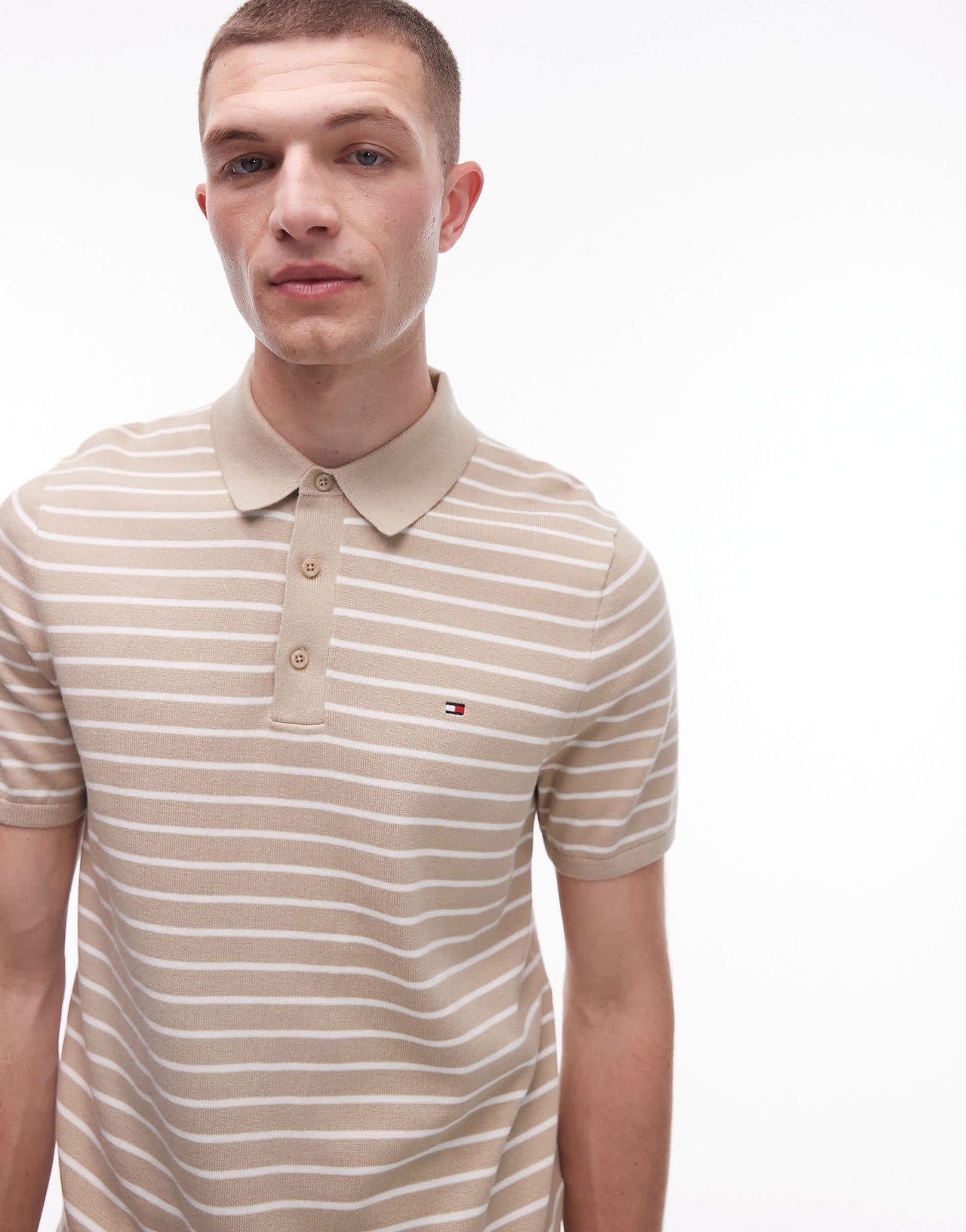 Tommy Hilfiger knitted polo shirt in beige stripe