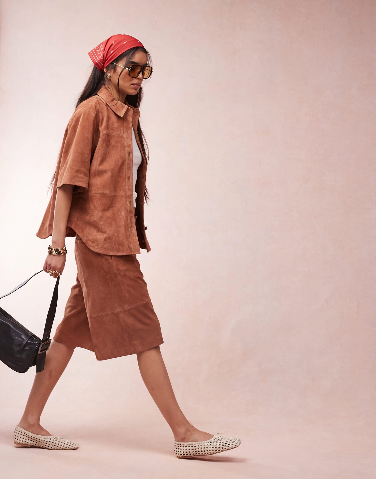ASOS DESIGN suede cropped boxy shirt co-ord in tan