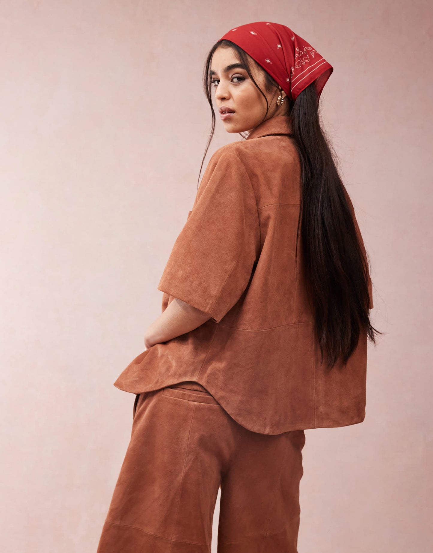 ASOS DESIGN suede cropped boxy shirt co-ord in tan