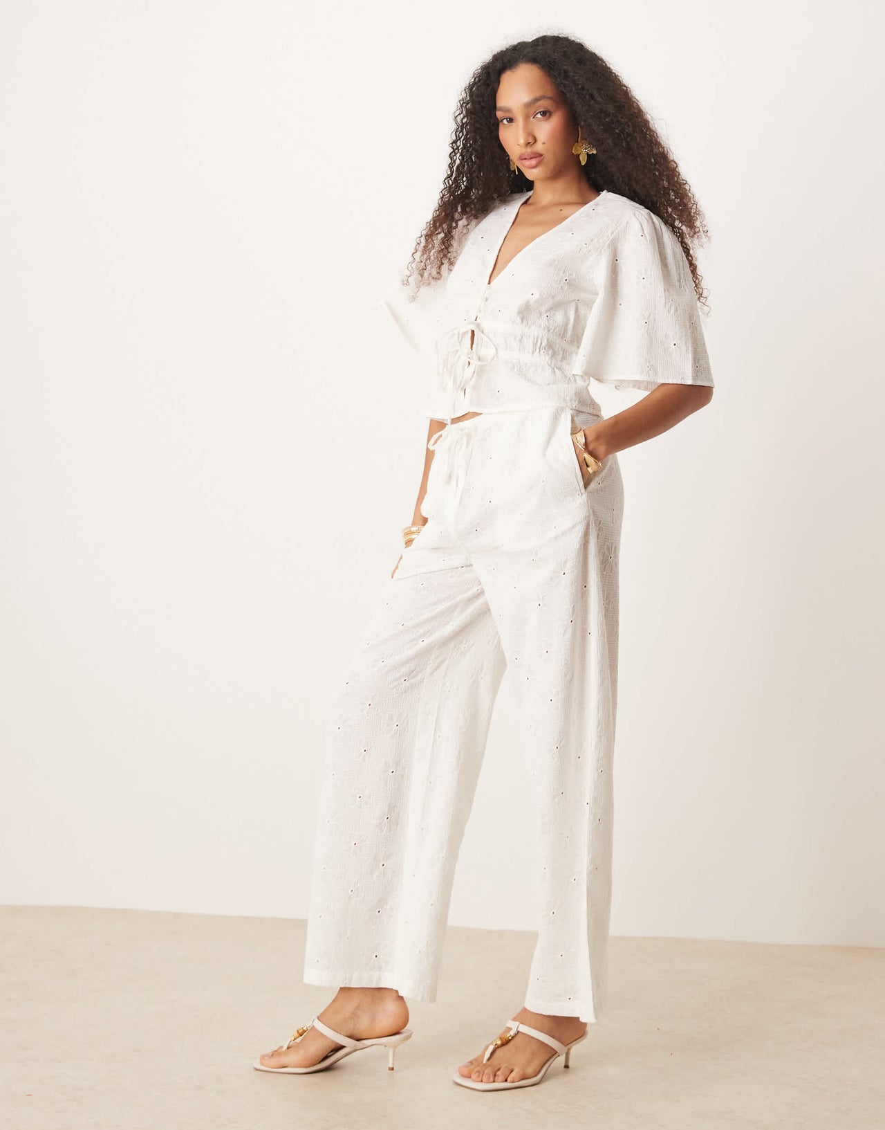 ASOS DESIGN floral embroidery tie front top co-ord in off white