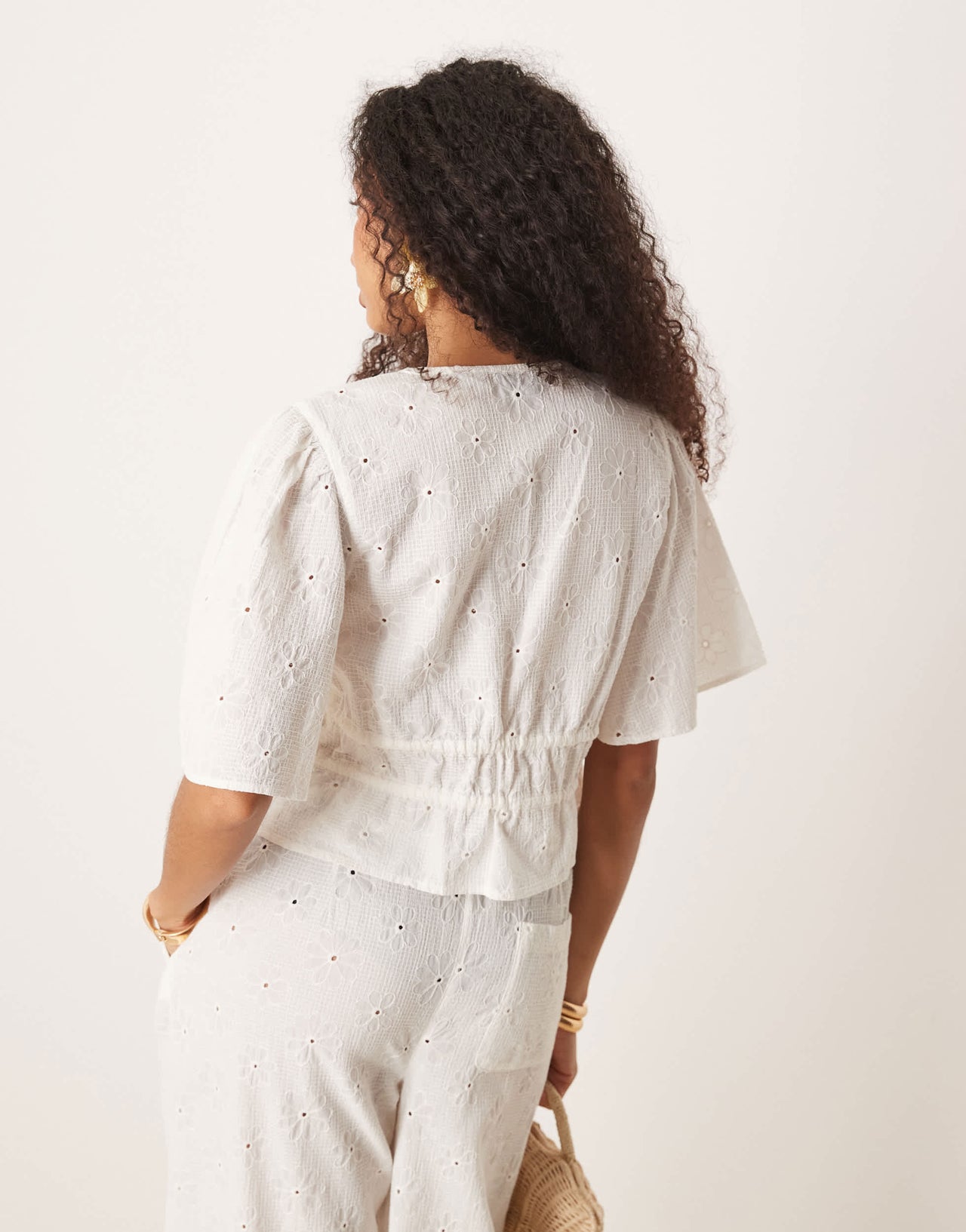 ASOS DESIGN floral embroidery tie front top co-ord in off white