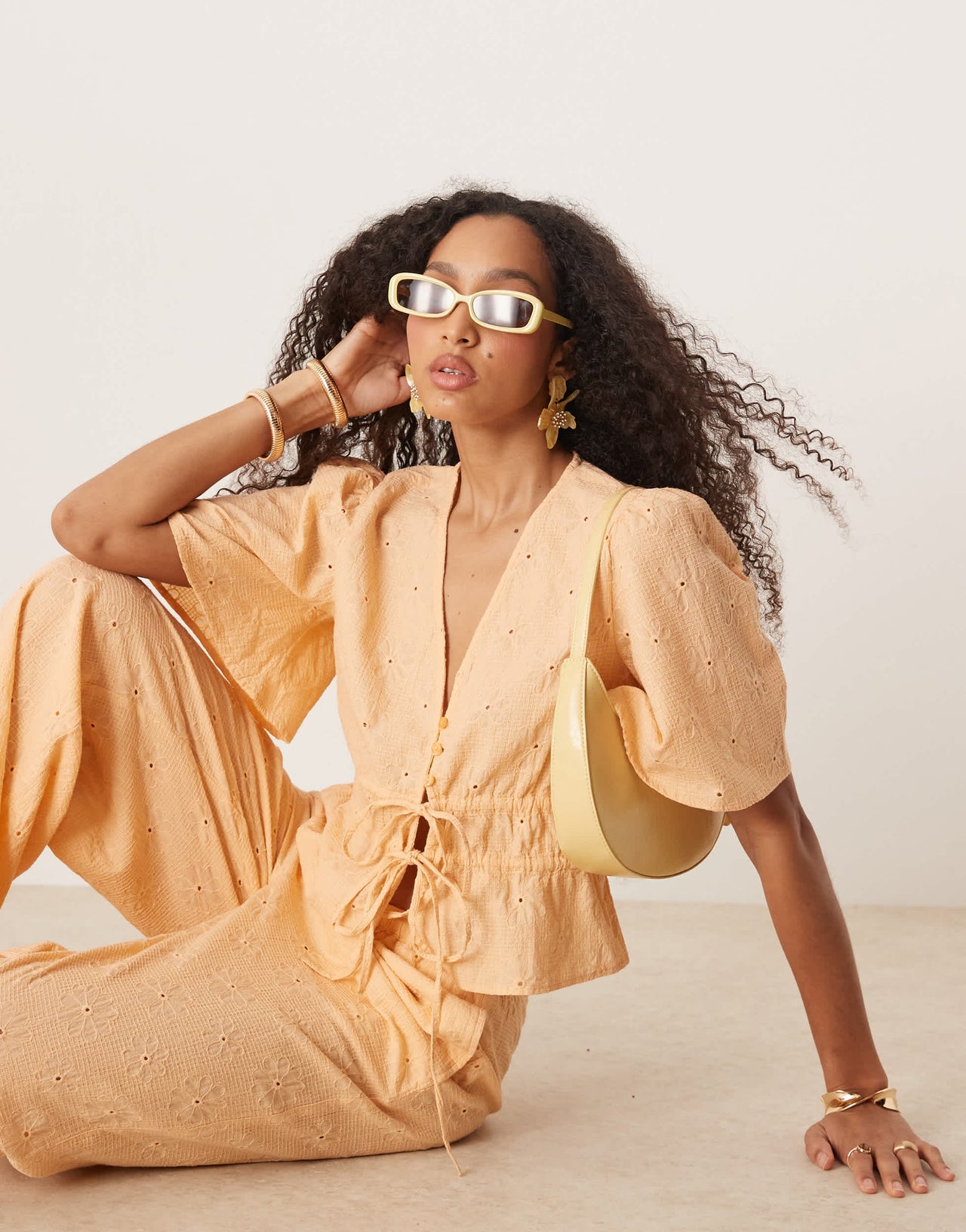 ASOS DESIGN floral embroidery tie front top co-ord in apricot