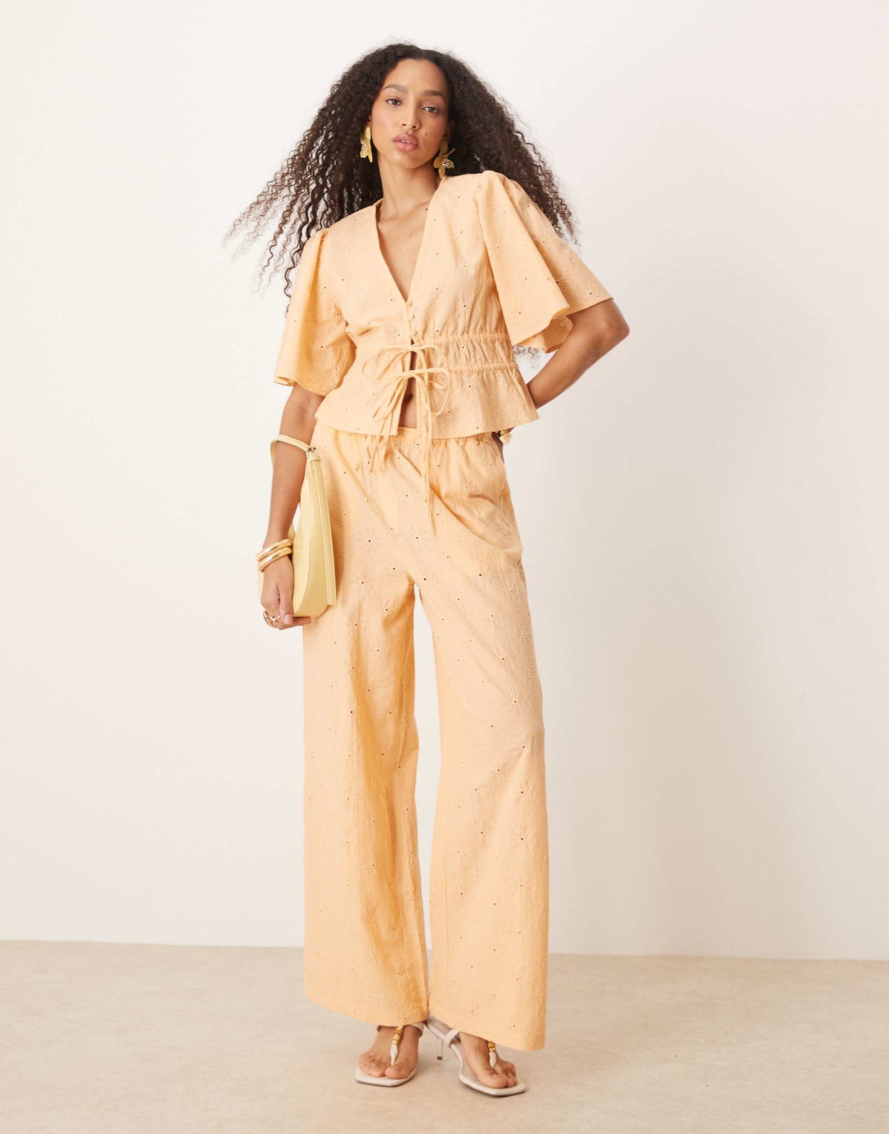 ASOS DESIGN floral embroidery tie front top co-ord in apricot