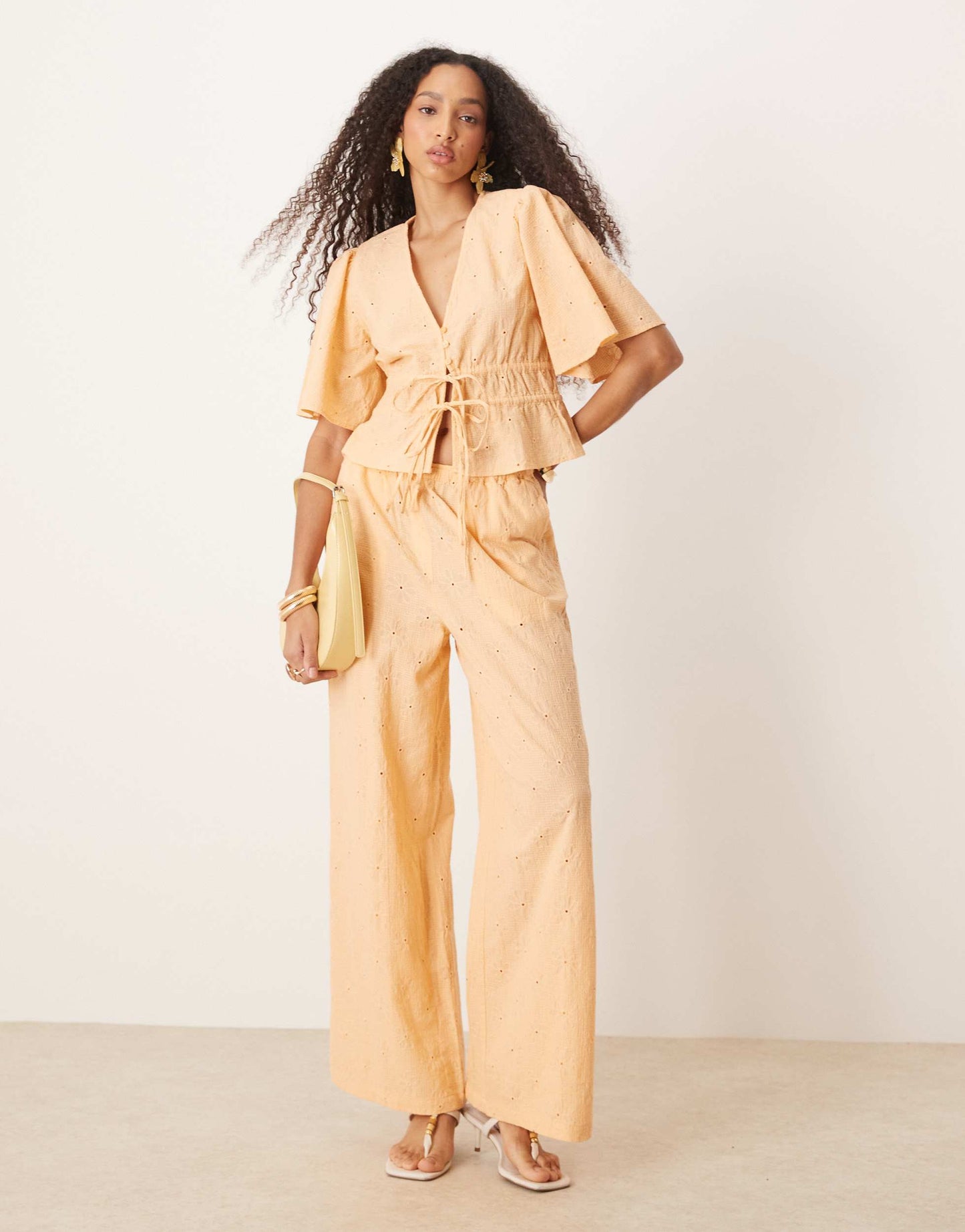 ASOS DESIGN floral embroidery tie front top co-ord in apricot