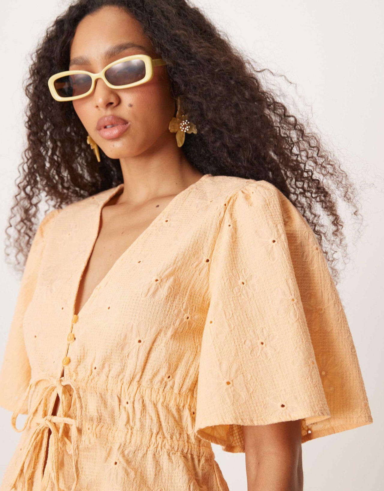 ASOS DESIGN floral embroidery tie front top co-ord in apricot