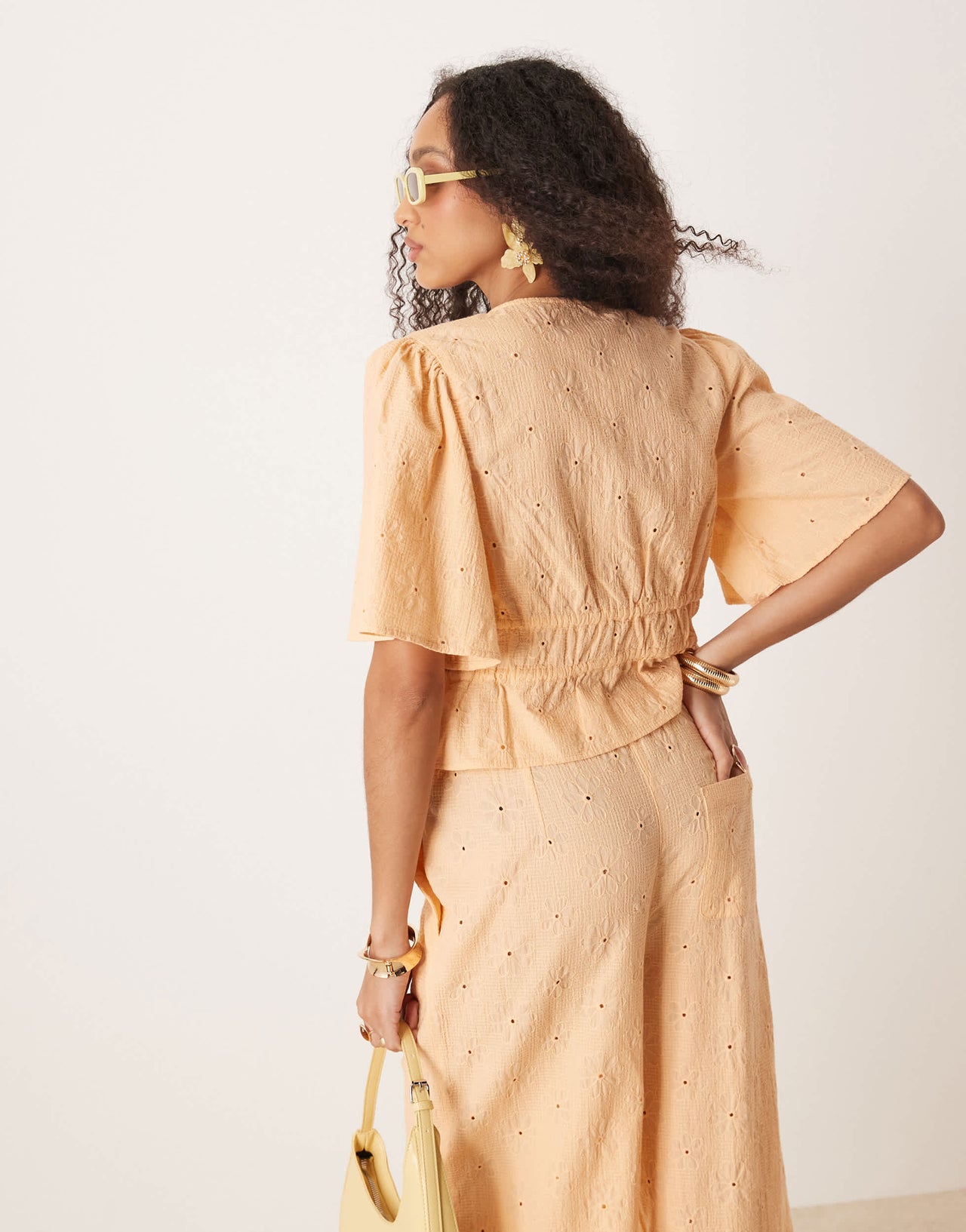 ASOS DESIGN floral embroidery tie front top co-ord in apricot