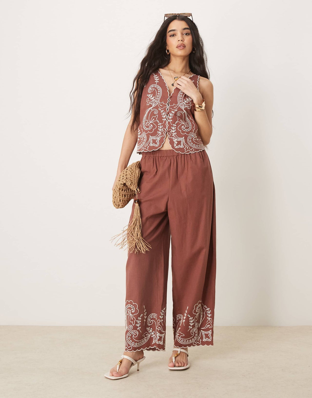 ASOS DESIGN linen blend scallop edge embroidered waistcoat co-ord in chocolate