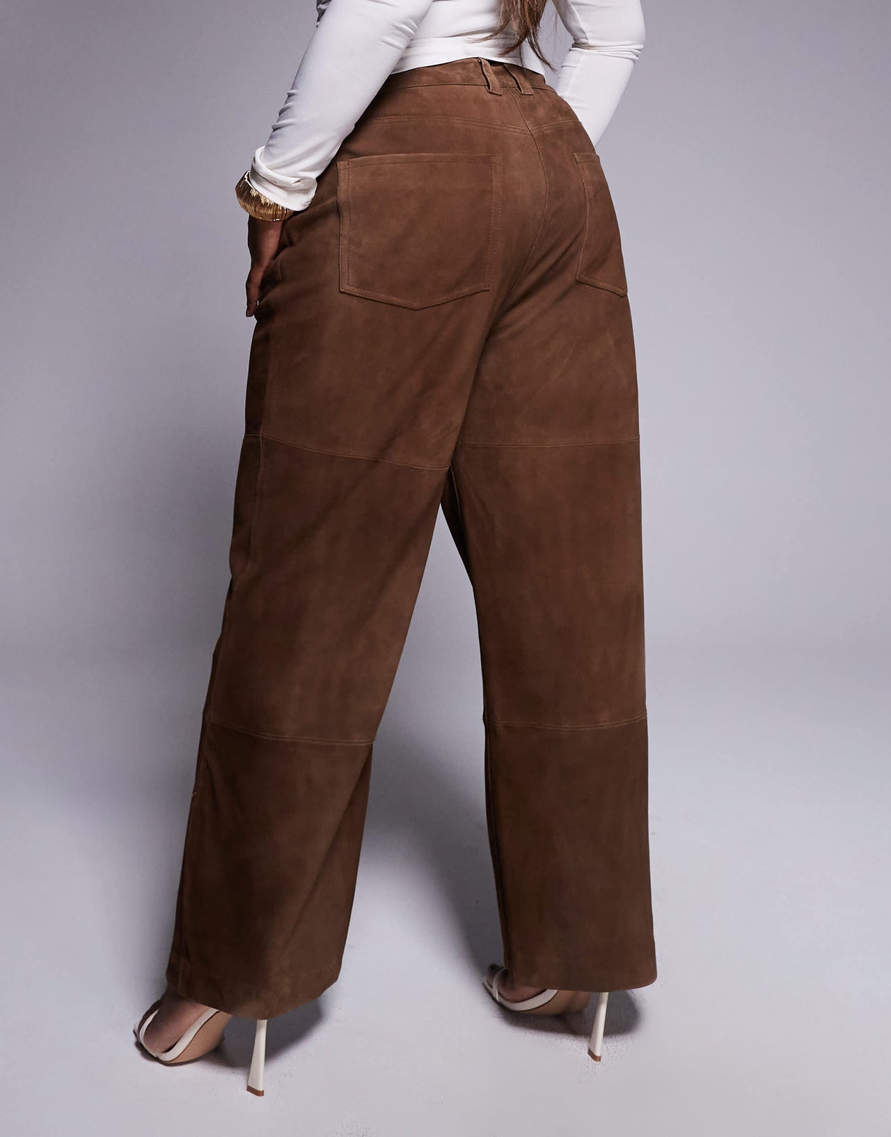 ASOS DESIGN Curve straight leg suede panelled trousers in mocha