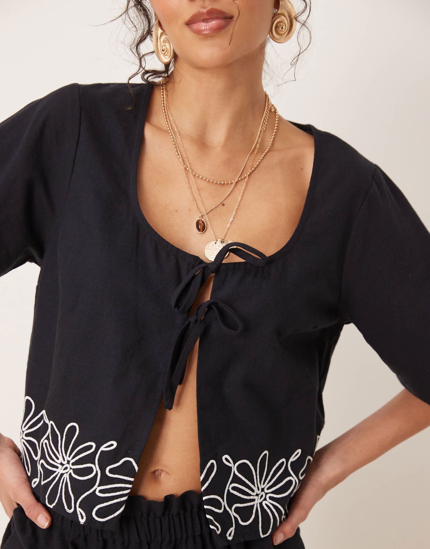 ASOS DESIGN tie front embroidered top co-ord in black