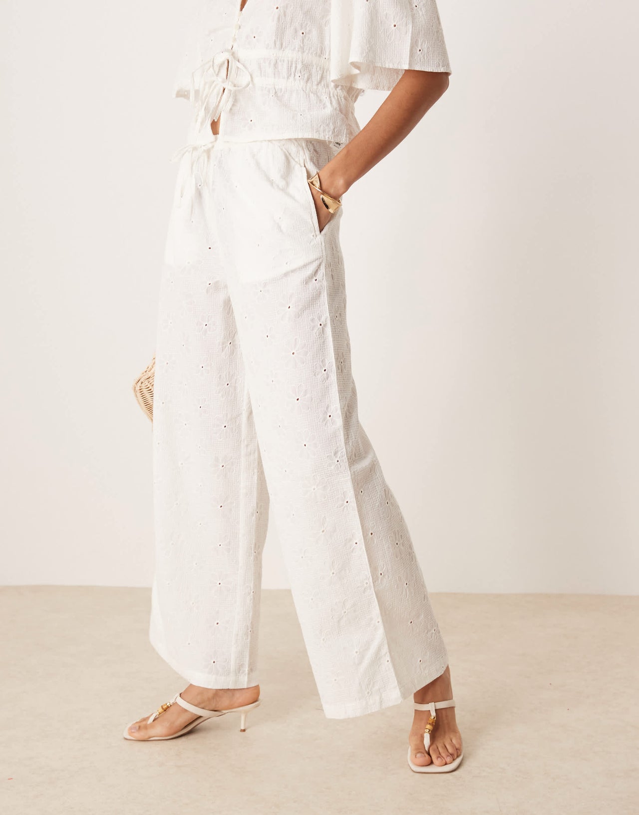 ASOS DESIGN pull on floral embroidery trousers co-ord in off white