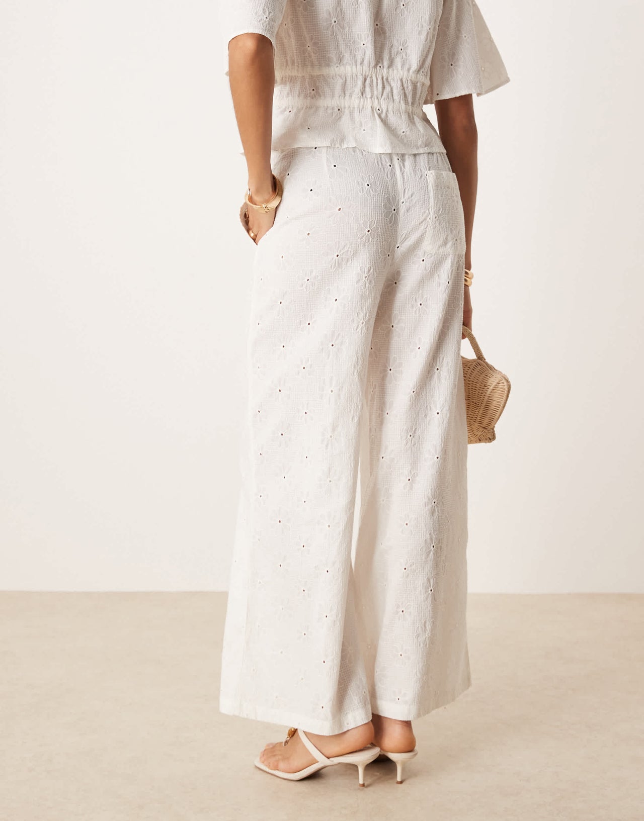 ASOS DESIGN pull on floral embroidery trousers co-ord in off white