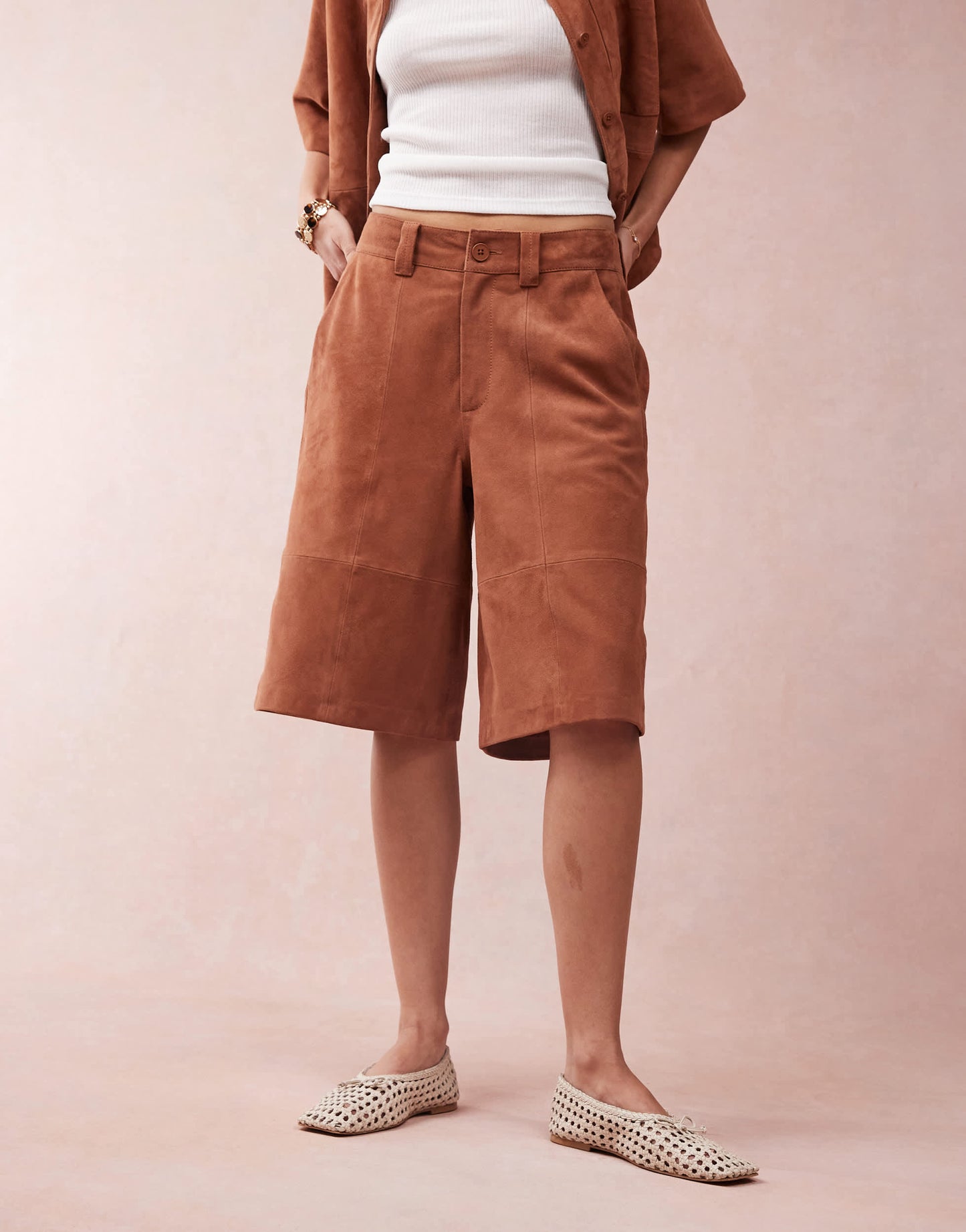 ASOS DESIGN suede bermuda shorts co-ord in tan