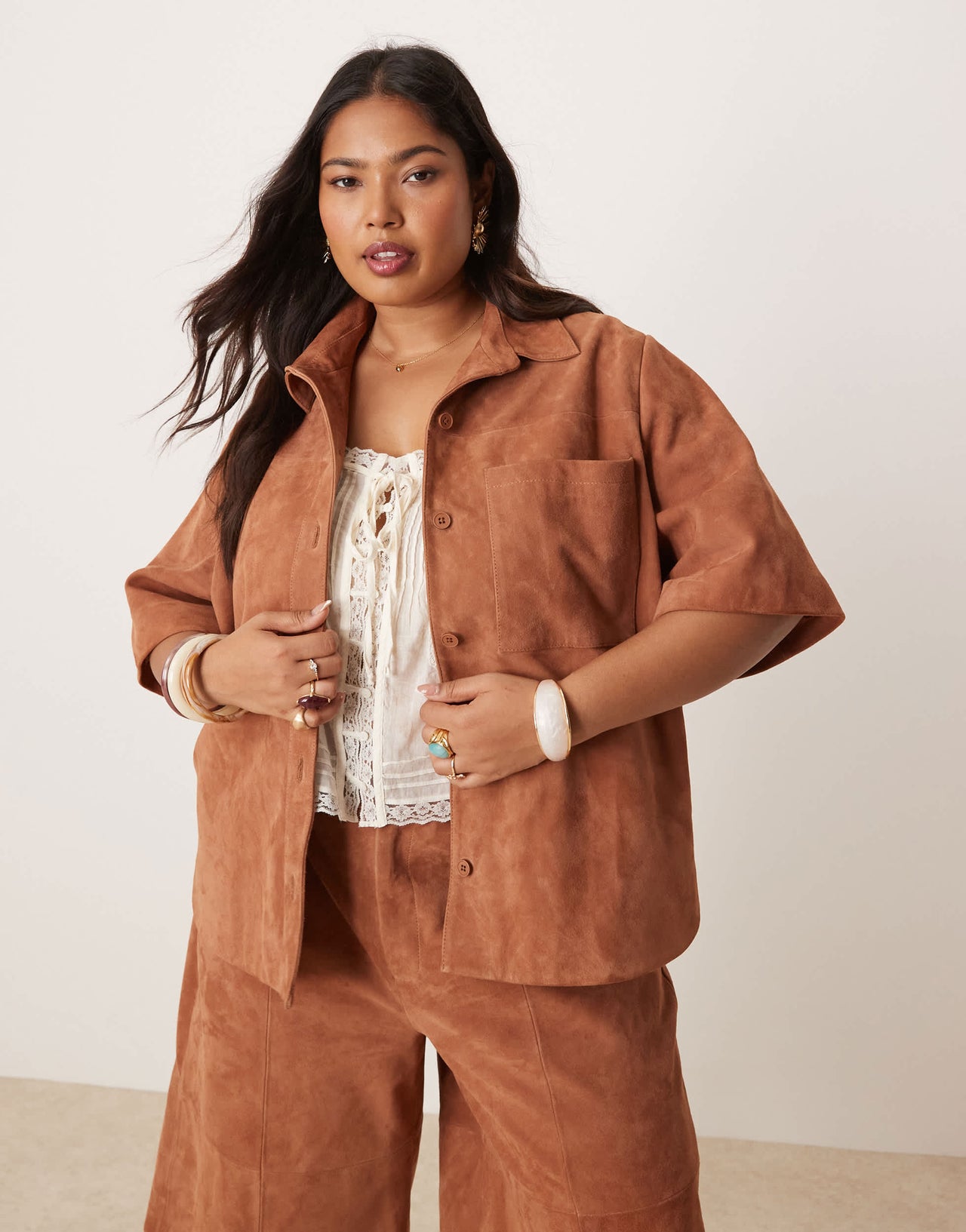 ASOS DESIGN Curve suede boxy shirt co-ord in tan