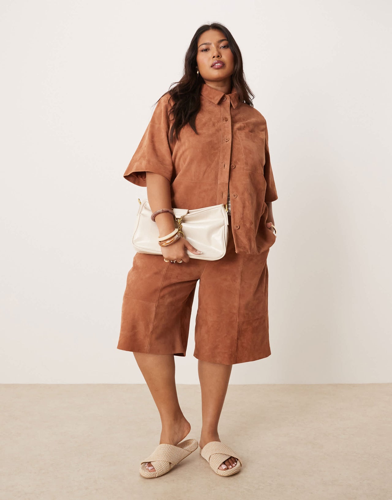 ASOS DESIGN Curve suede boxy shirt co-ord in tan
