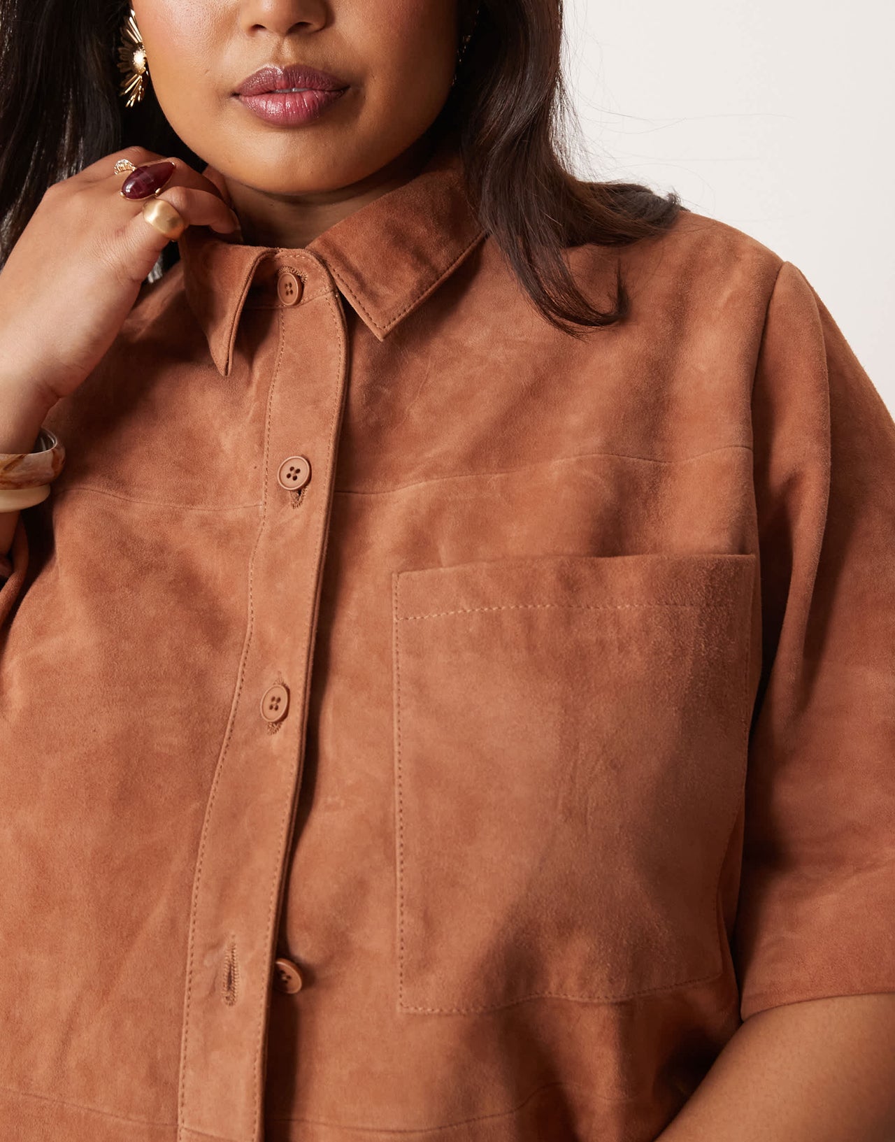 ASOS DESIGN Curve suede boxy shirt co-ord in tan