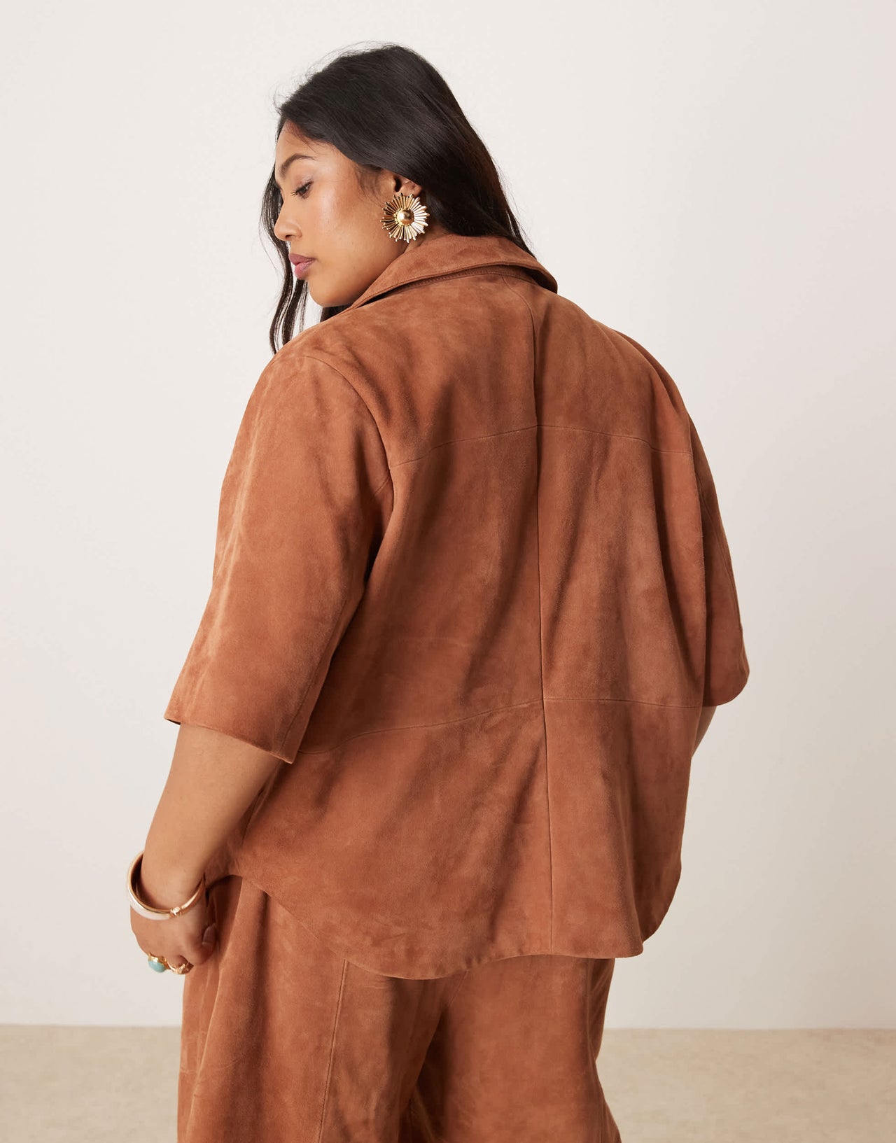 ASOS DESIGN Curve suede boxy shirt co-ord in tan