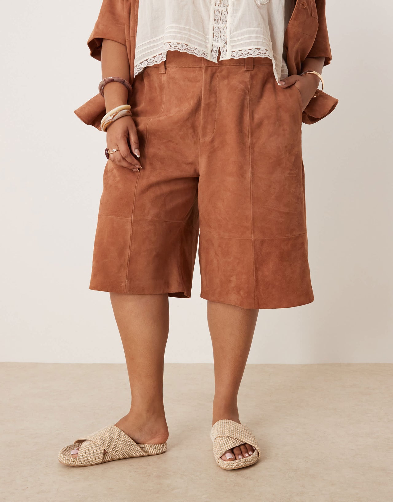 ASOS DESIGN Curve suede bermuda shorts co-ord in tan