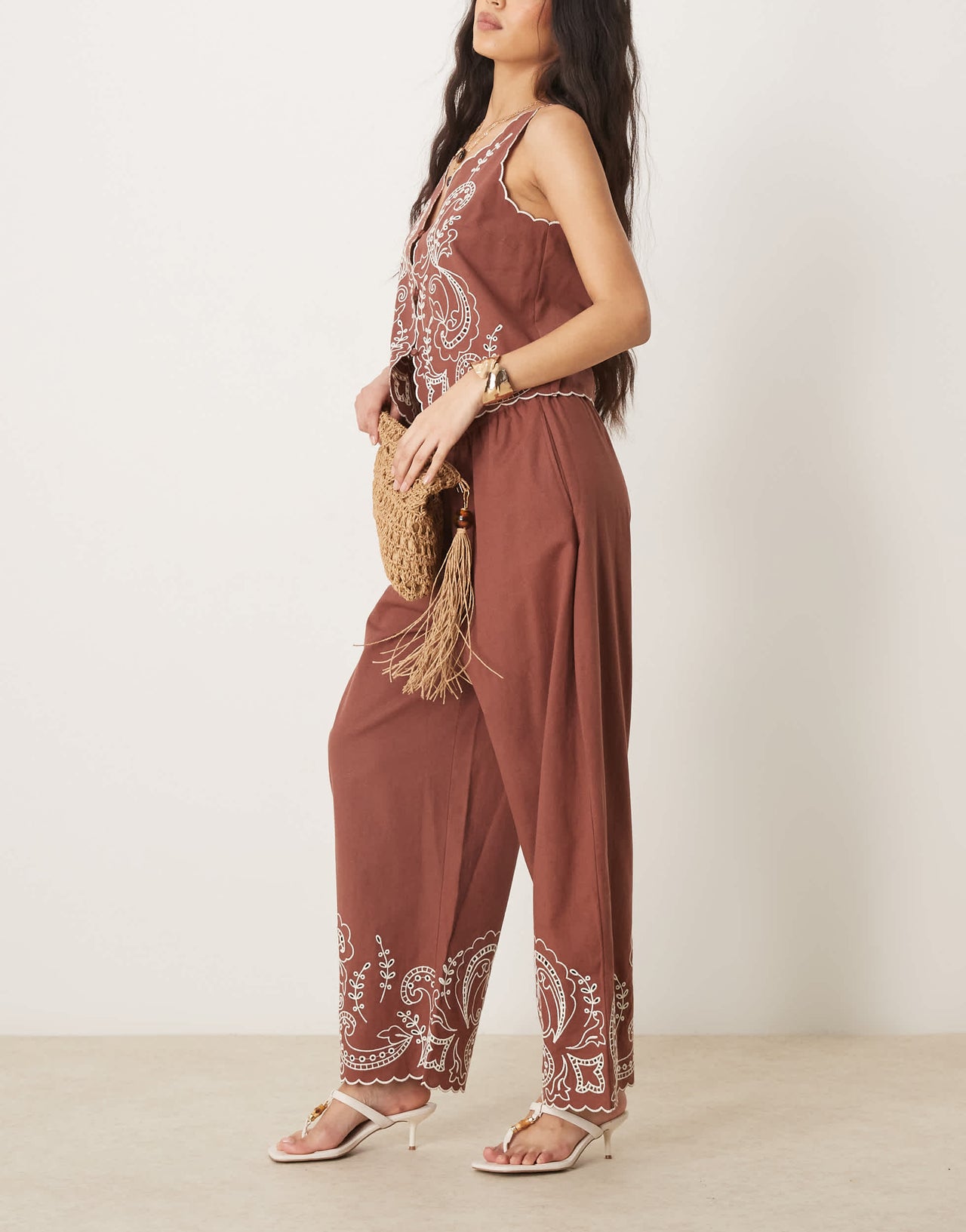 ASOS DESIGN linen blend wide leg scallop edge embroidered trousers co-ord in mocha