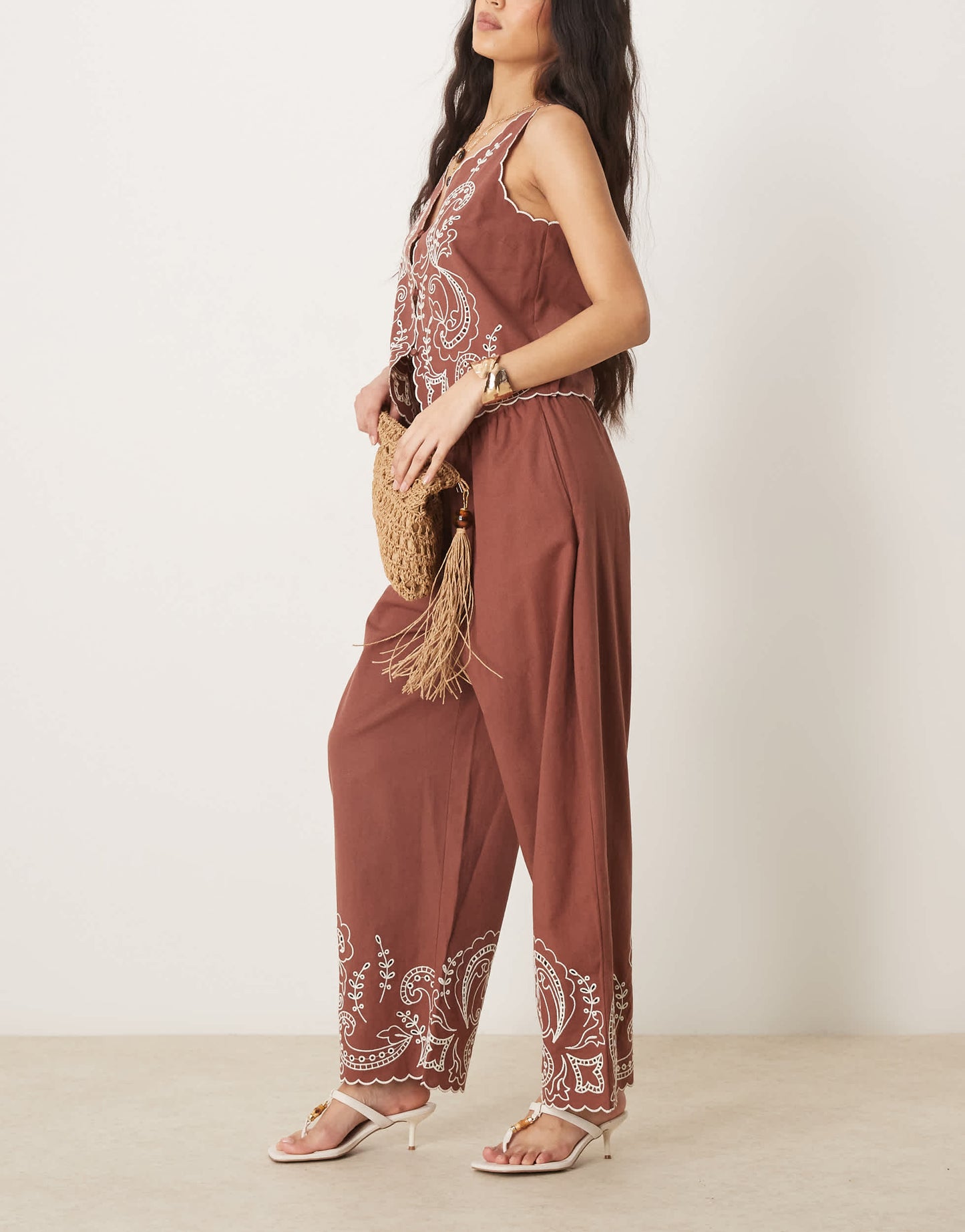 ASOS DESIGN linen blend wide leg scallop edge embroidered trousers co-ord in mocha
