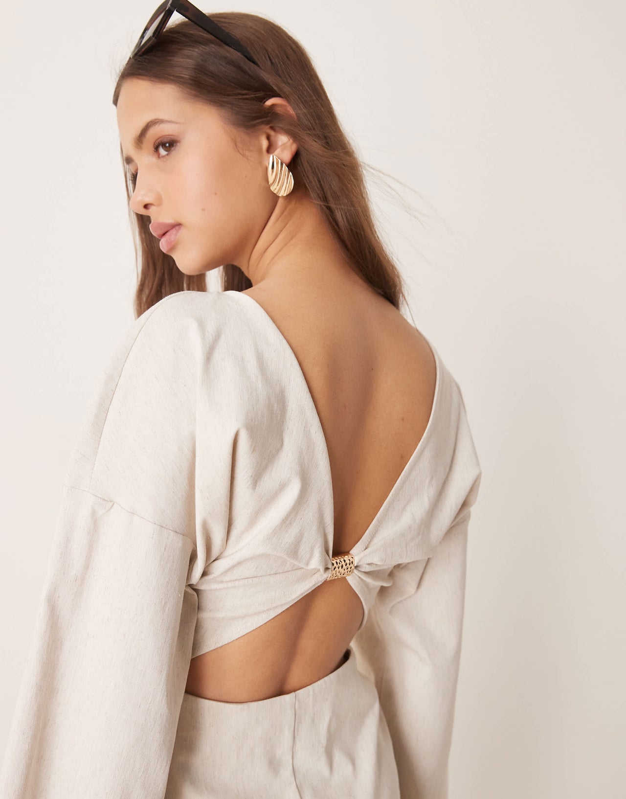 ASOS DESIGN linen look bengaline flared sleeve open back mini dress in oatmeal