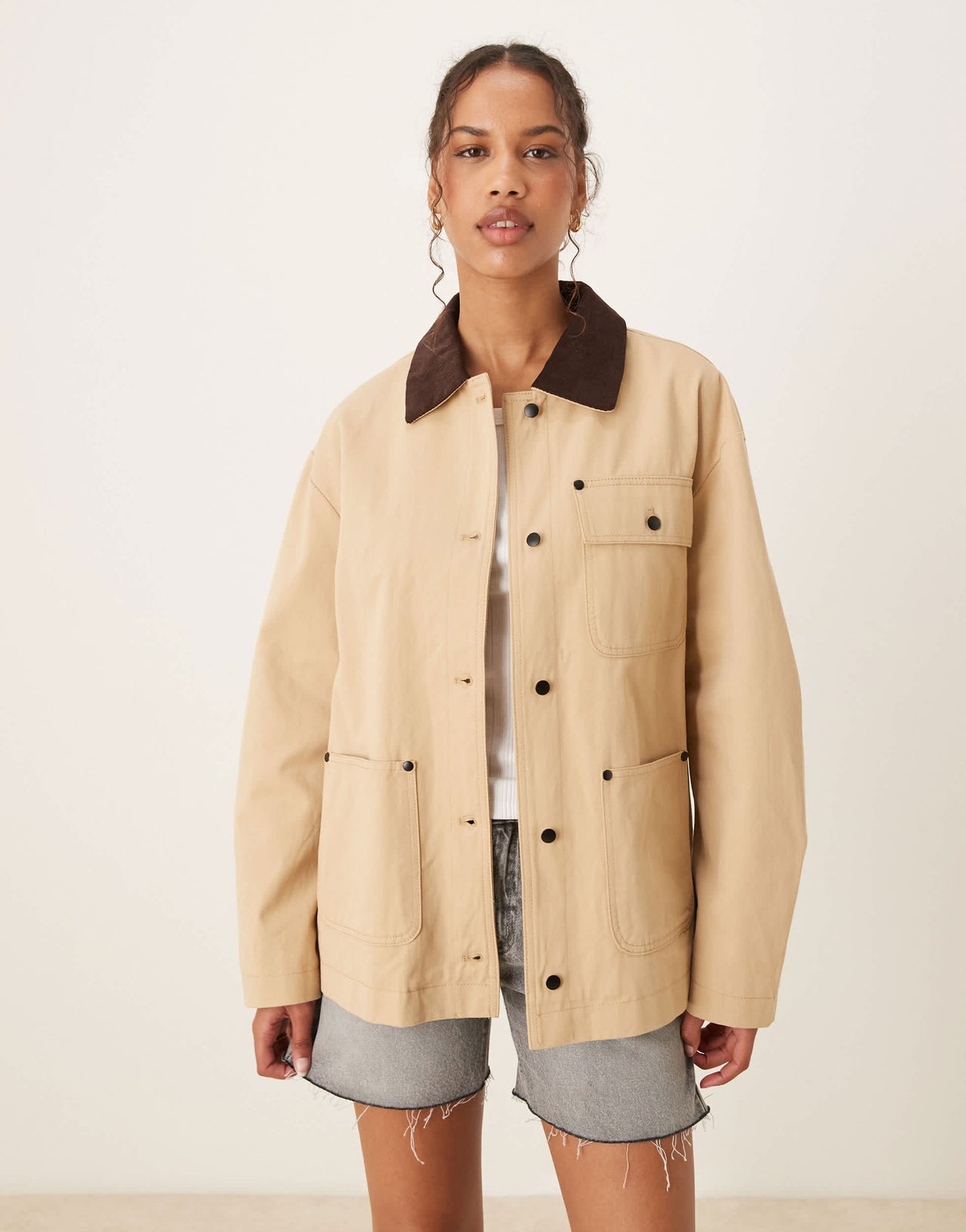 ASOS DESIGN clean cord collar barn jacket in stone