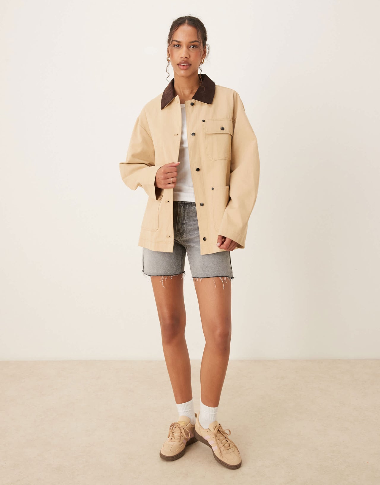ASOS DESIGN clean cord collar barn jacket in stone