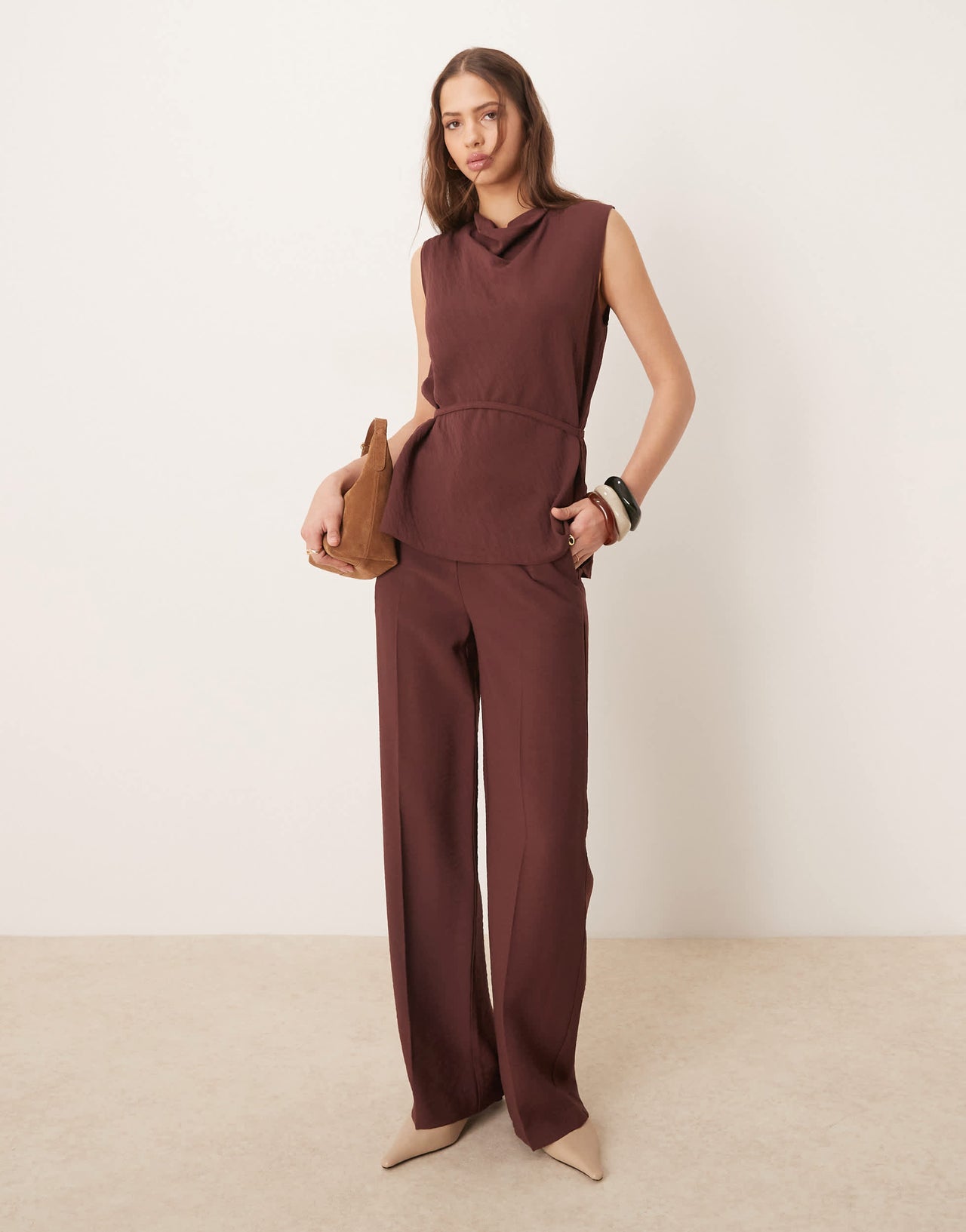 ASOS DESIGN tailored straight leg trousers with skinny belt in chocolate