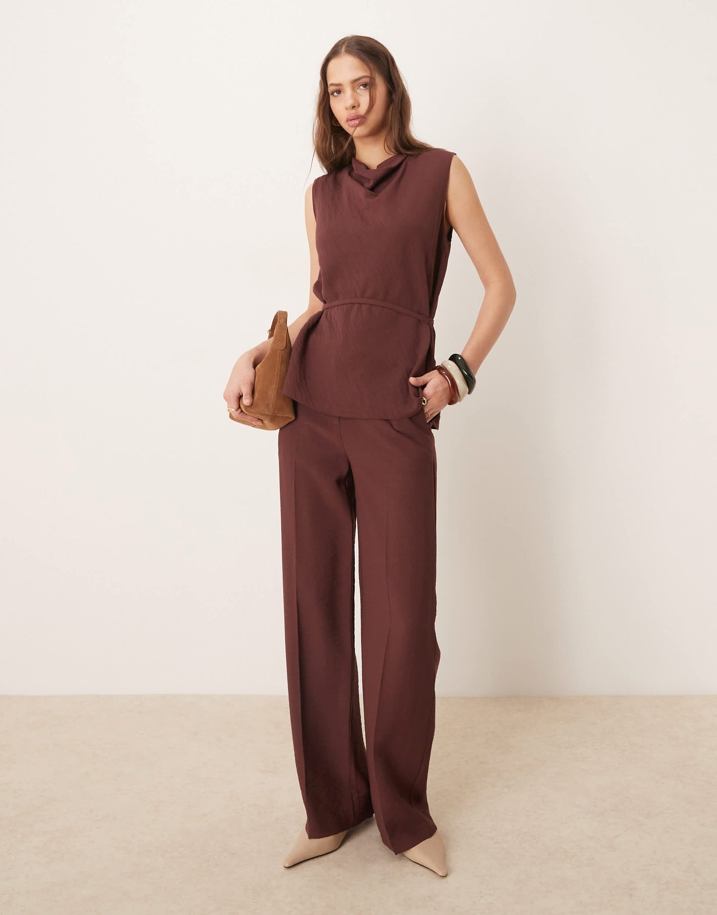 ASOS DESIGN tailored straight leg trousers with skinny belt in chocolate